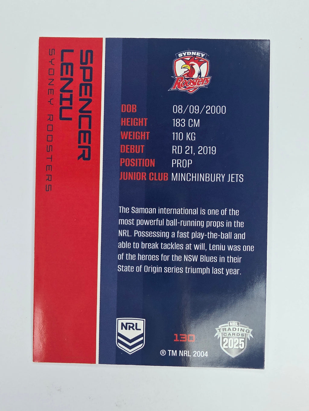 NRL 2025 Traders Base Card #130 Spencer Leniu Sydney Roosters