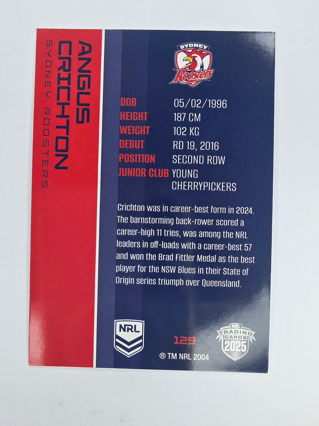 NRL 2025 Traders Base Card #129 Angus Crichton Sydney Roosters
