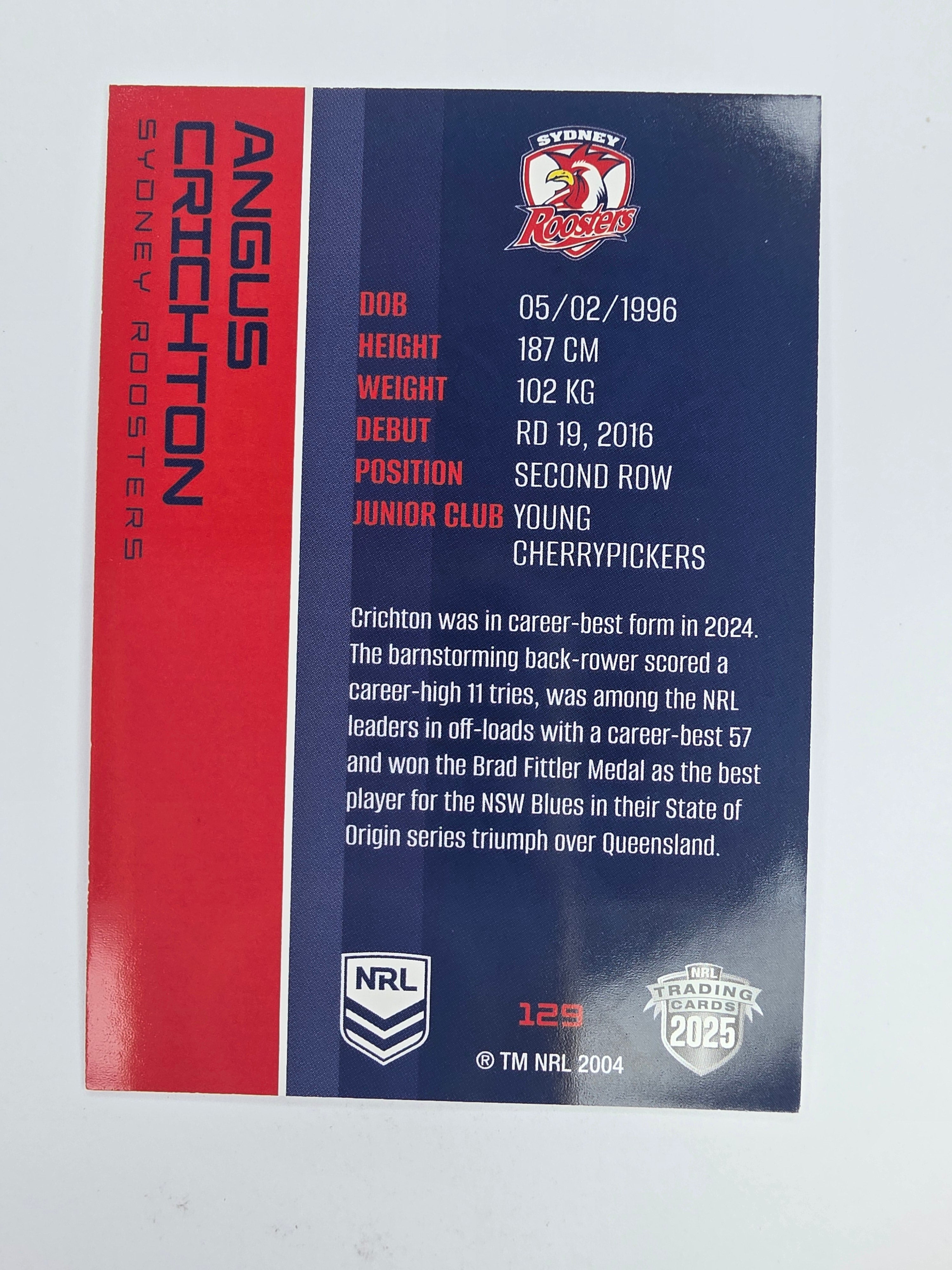 NRL 2025 Traders Base Card #129 Angus Crichton Sydney Roosters