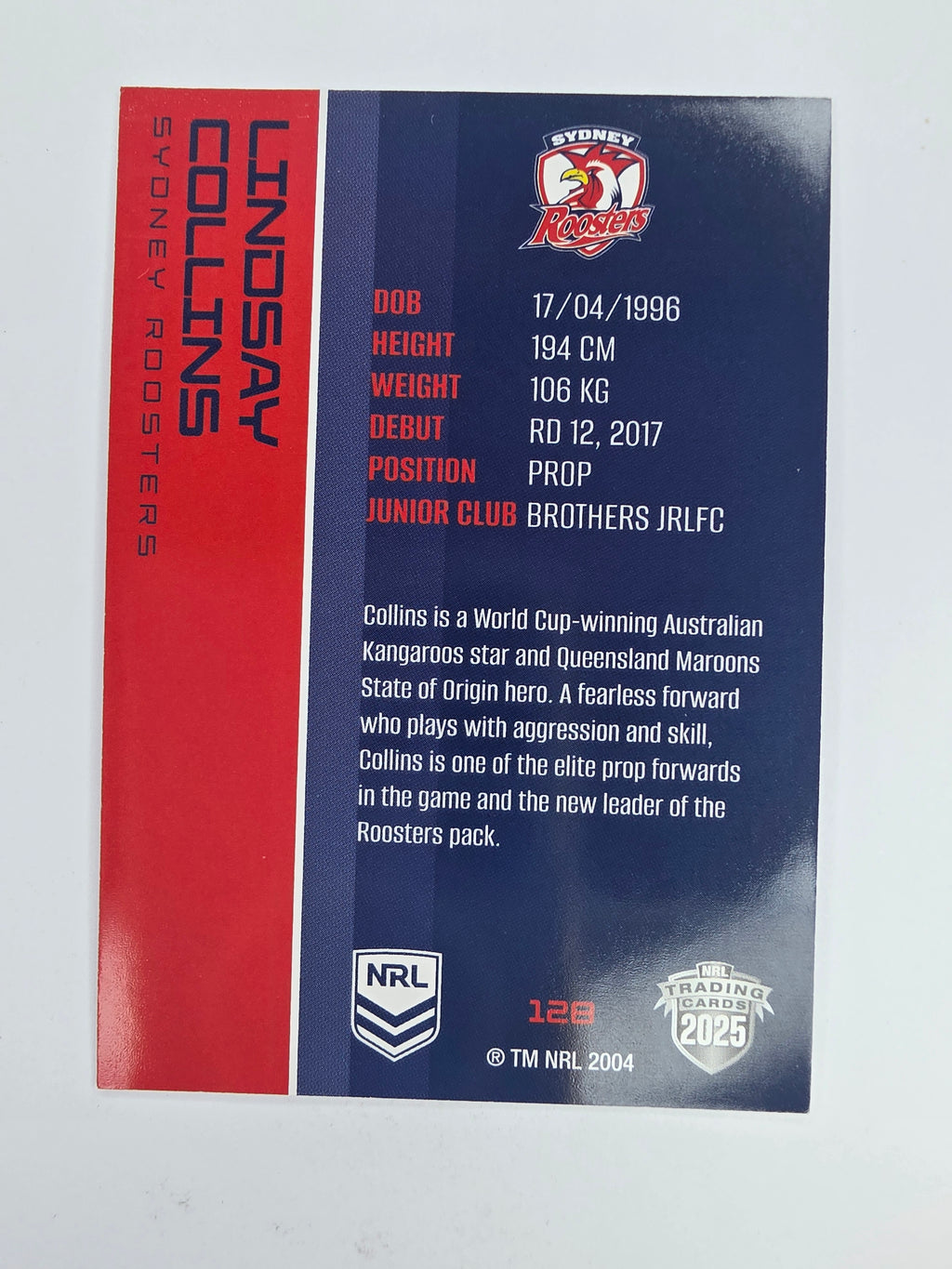 NRL 2025 Traders Base Card #128 Lindsay Collins Sydney Roosters