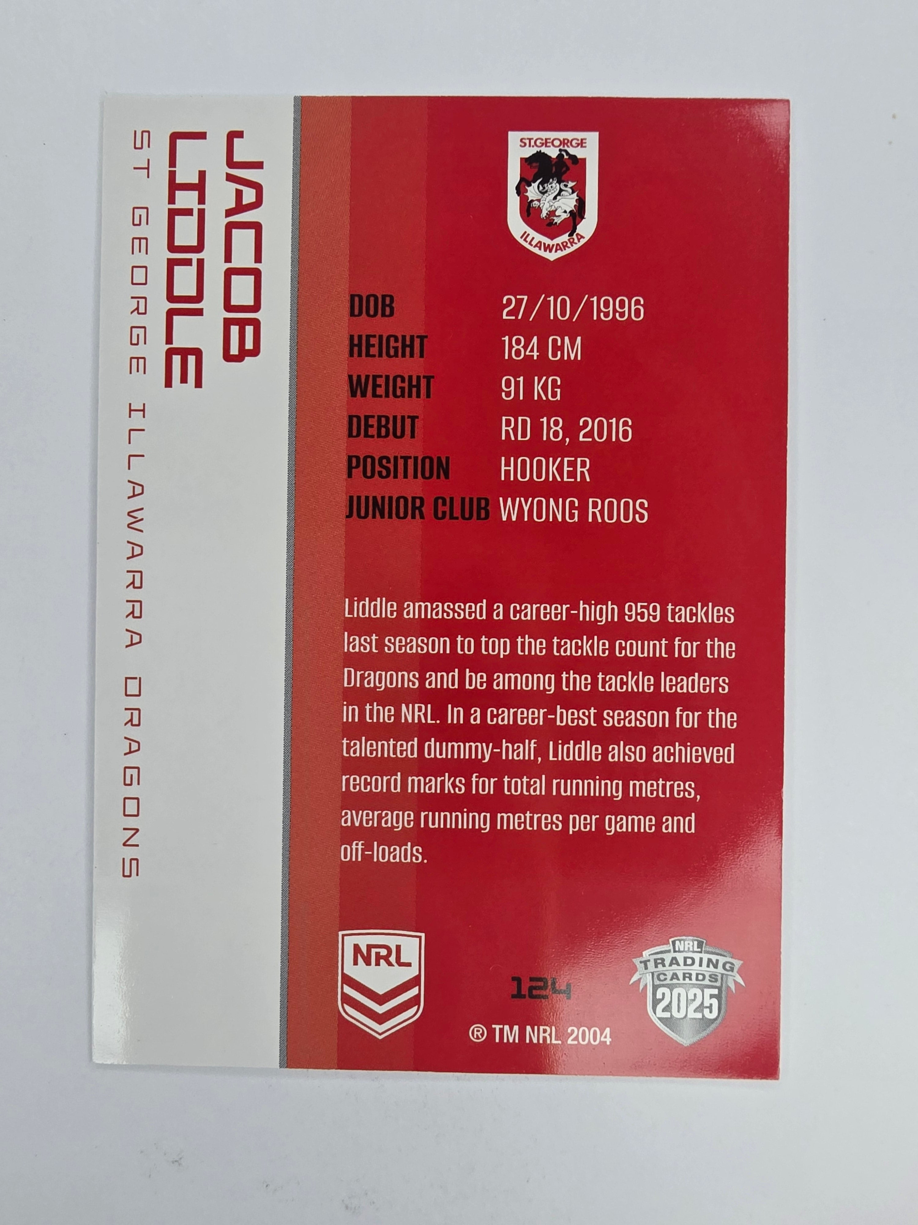 NRL 2025 Traders Base Card #124 Jacob Liddle St George Illawarra Dragons