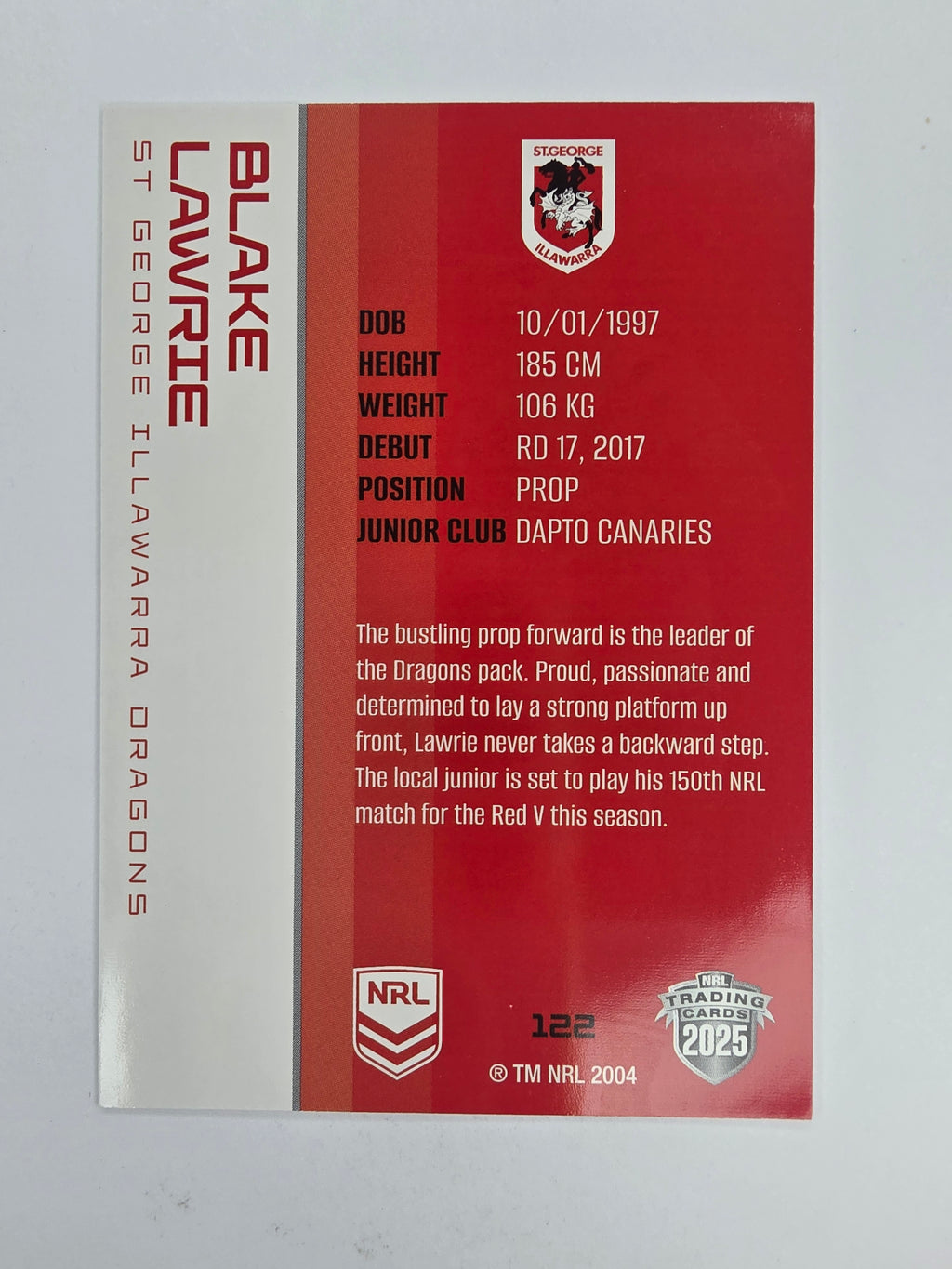 NRL 2025 Traders Base Card #122 Blake Lawrie St George Illawarra Dragons