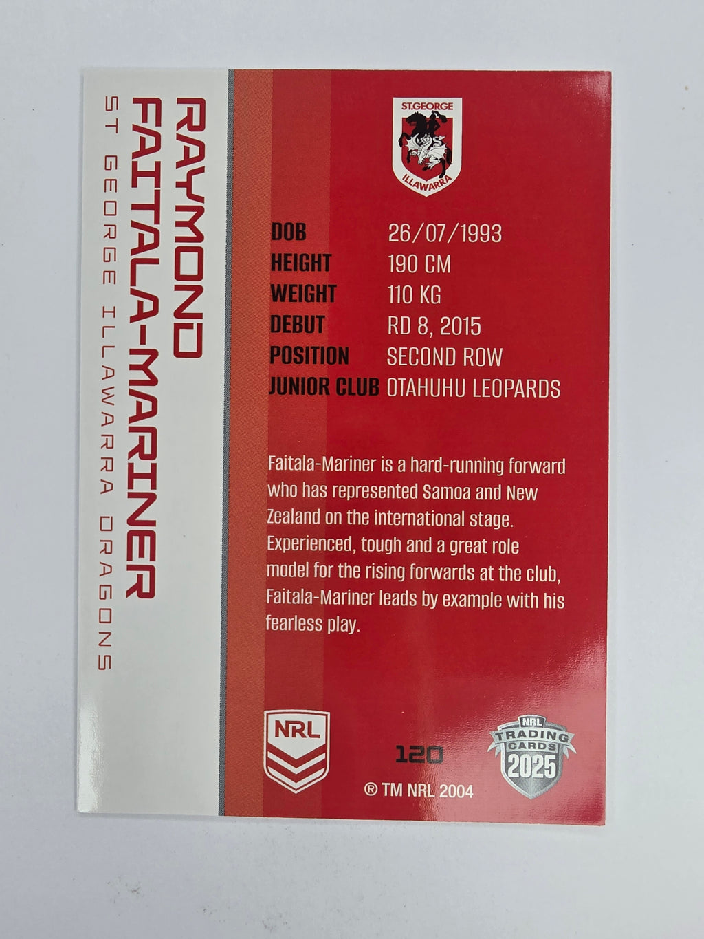 NRL 2025 Traders Base Card #120 Raymond Faitala-Mariner St George Illawarra Dragons
