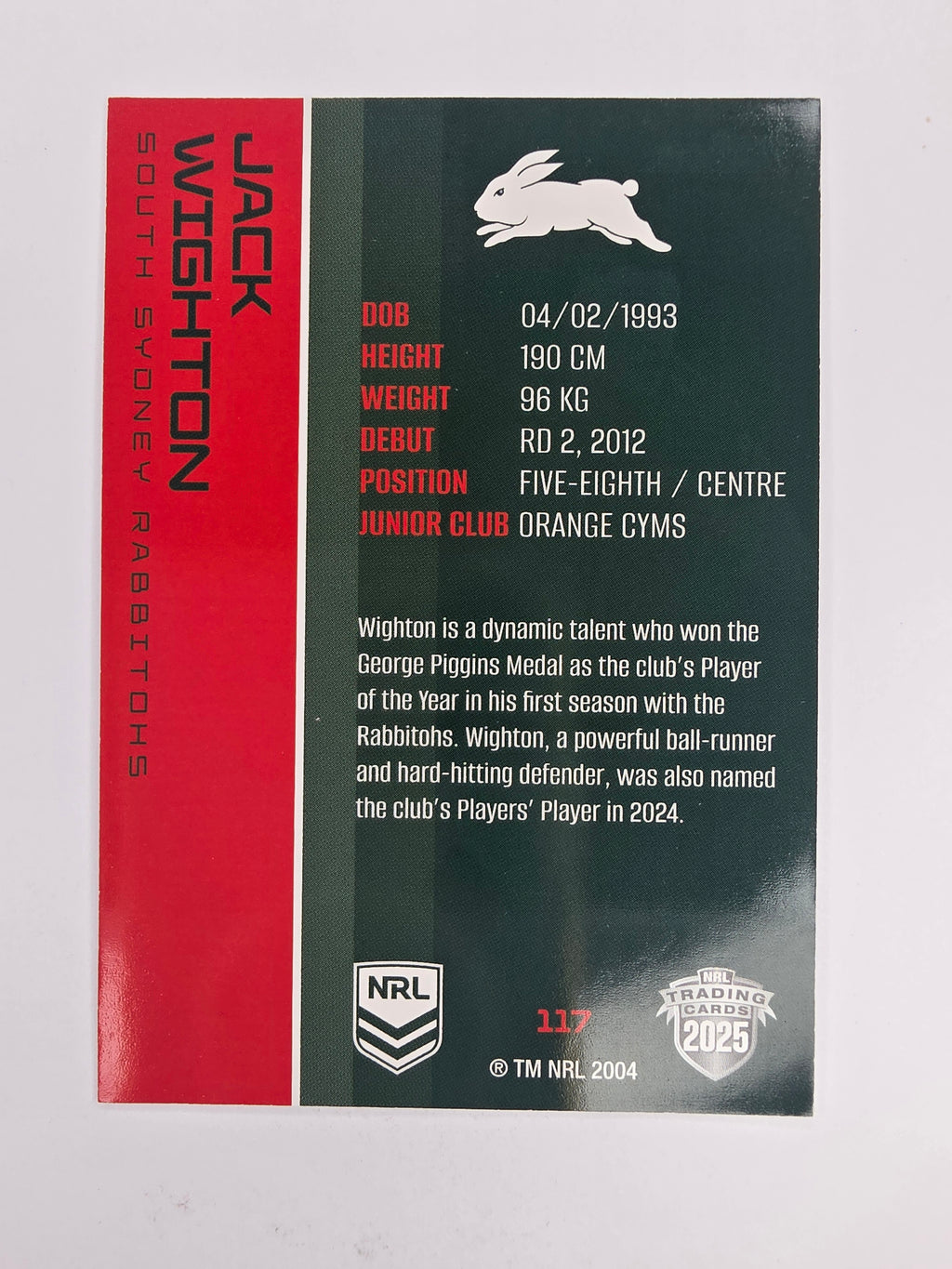 NRL 2025 Traders Base Card #117 Jack Wighton South Sydney Rabbitohs