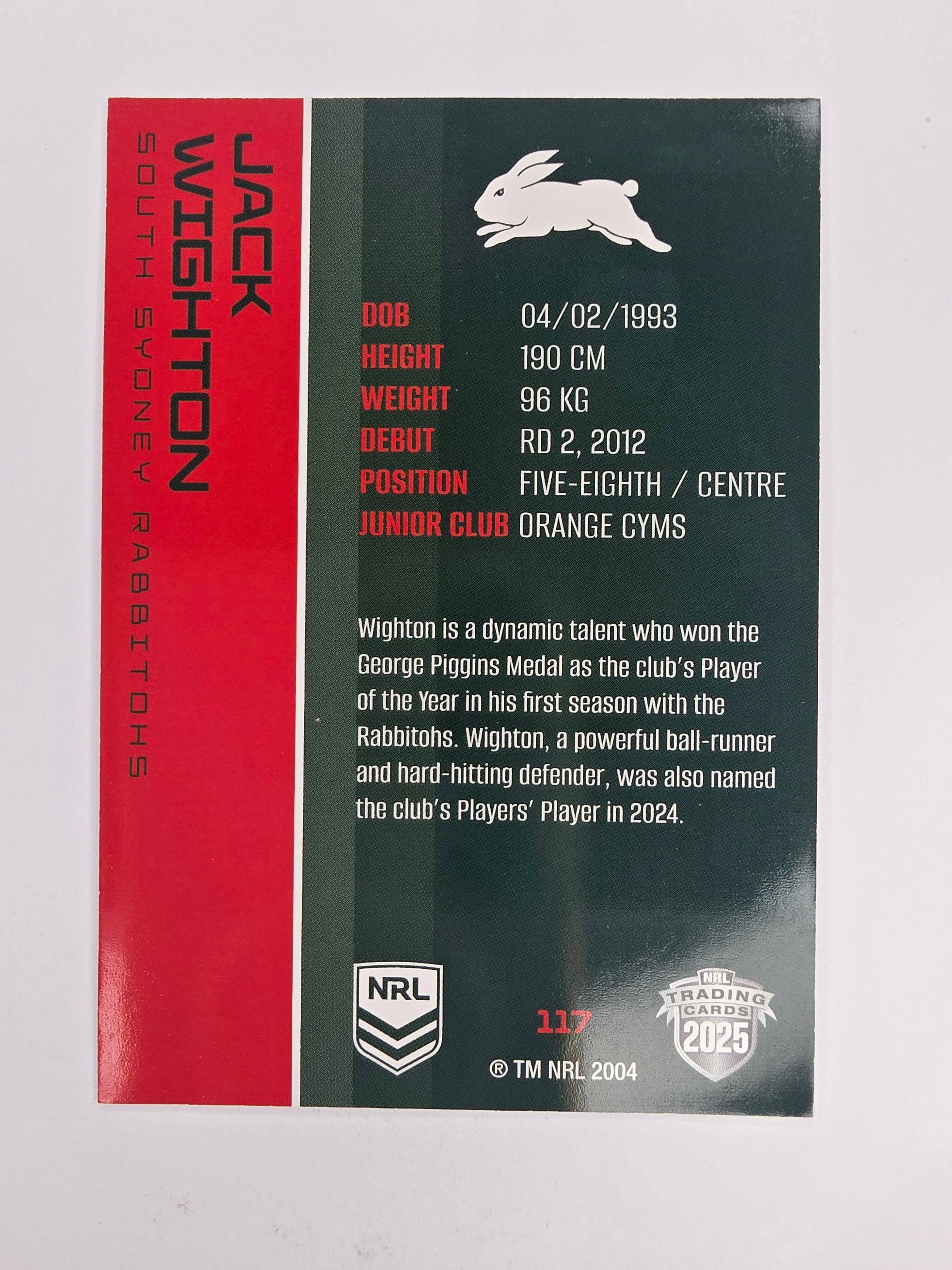 NRL 2025 Traders Base Card #117 Jack Wighton South Sydney Rabbitohs