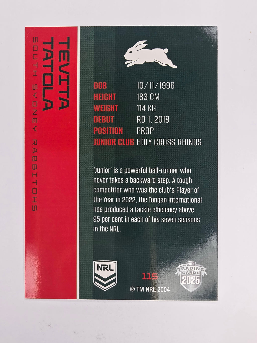 NRL 2025 Traders Base Card #115 Tevita Tatola South Sydney Rabbitohs