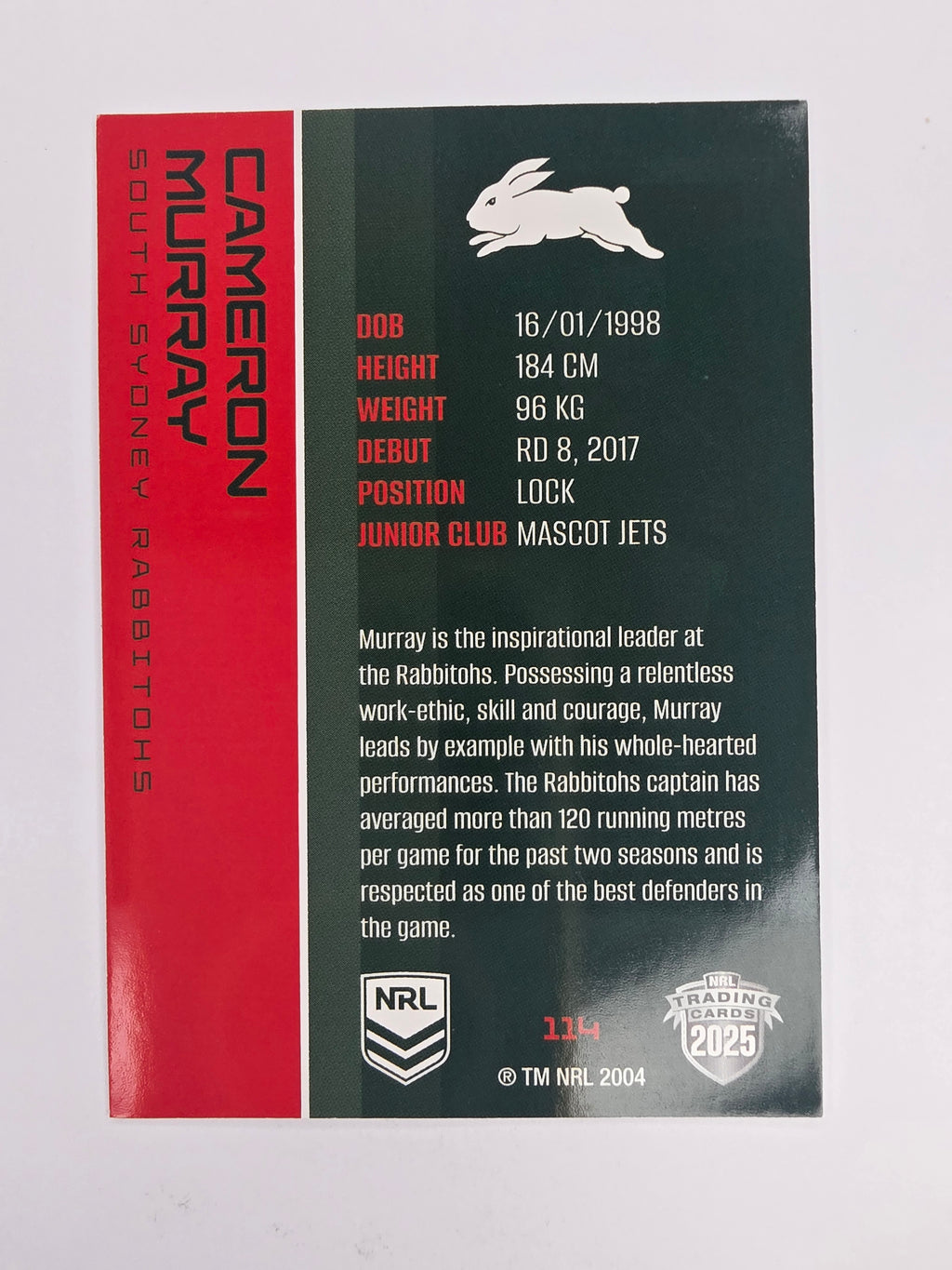 NRL 2025 Traders Base Card #114 Cameron Murray South Sydney Rabbitohs