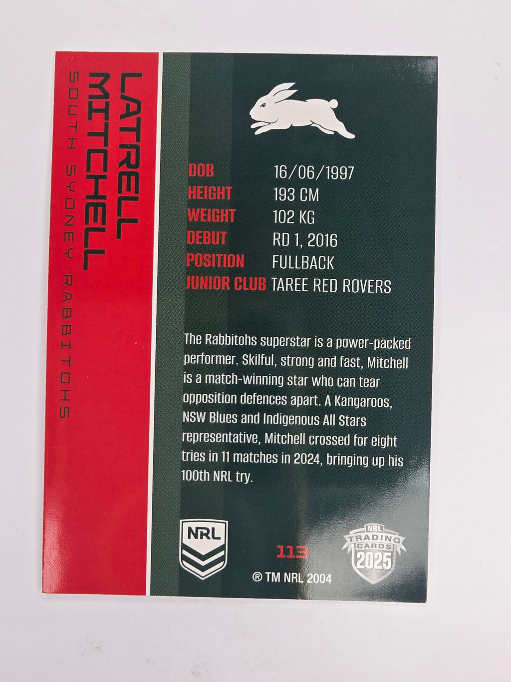 NRL 2025 Traders Base Card #113 Latrell Mitchell South Sydney Rabbitohs
