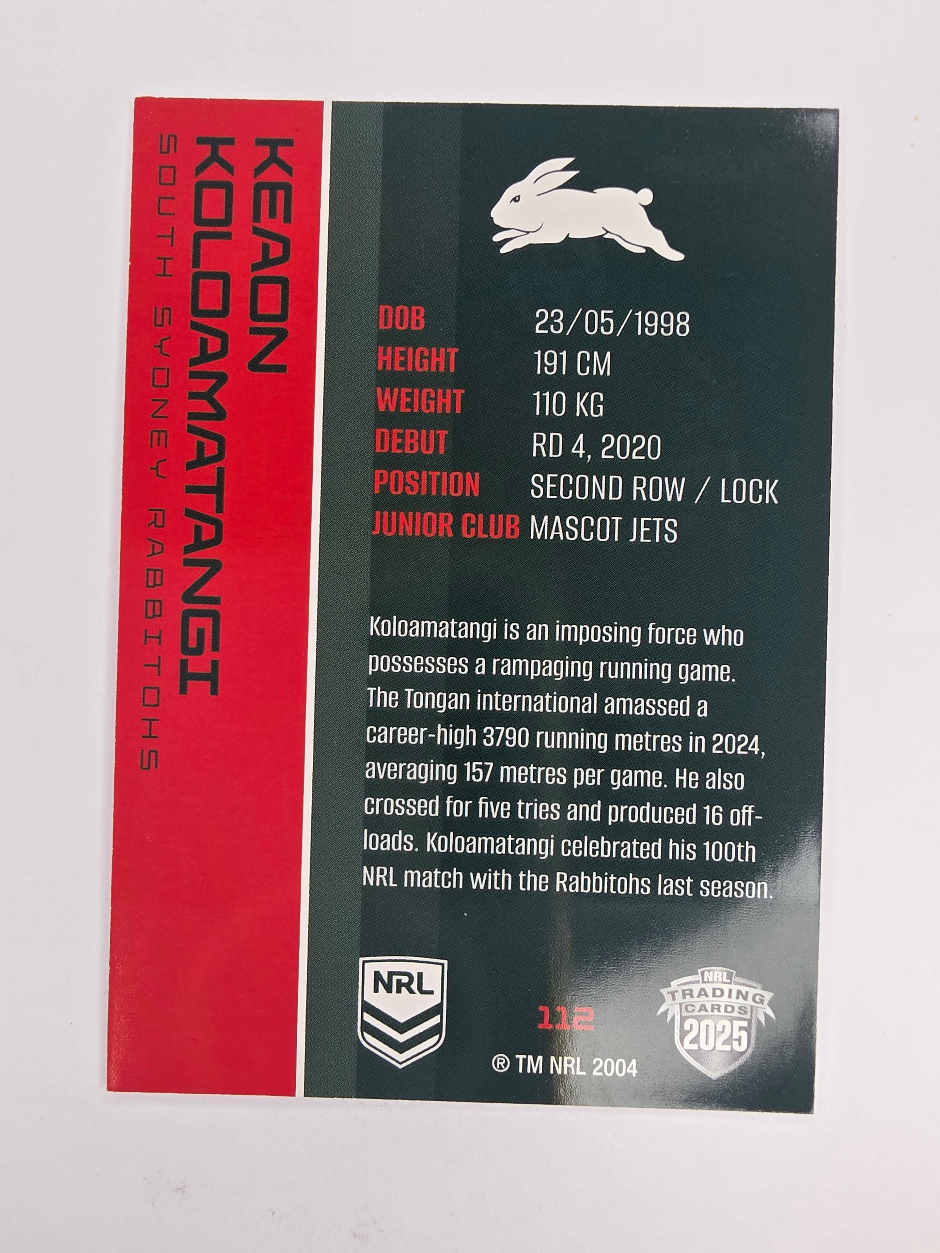 NRL 2025 Traders Base Card #112 Keaon Koloamatangi South Sydney Rabbitohs