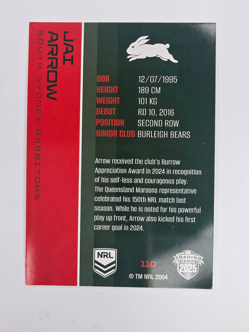 NRL 2025 Traders Base Card #110 Jai Arrow South Sydney Rabbitohs