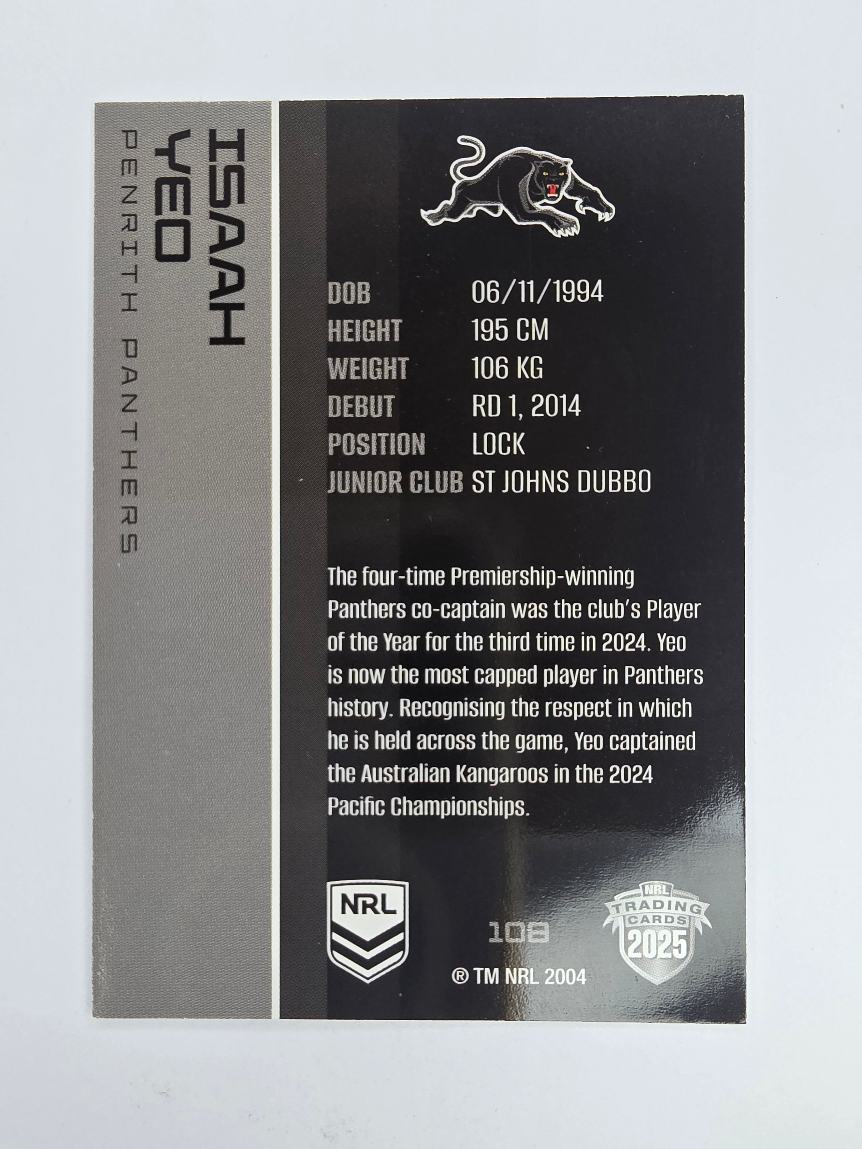 NRL 2025 Traders Base Card #108 Isaah Yeo Penrith Panthers