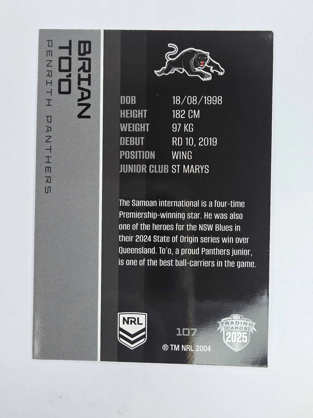 NRL 2025 Traders Base Card #107 Brian To’o Penrith Panthers
