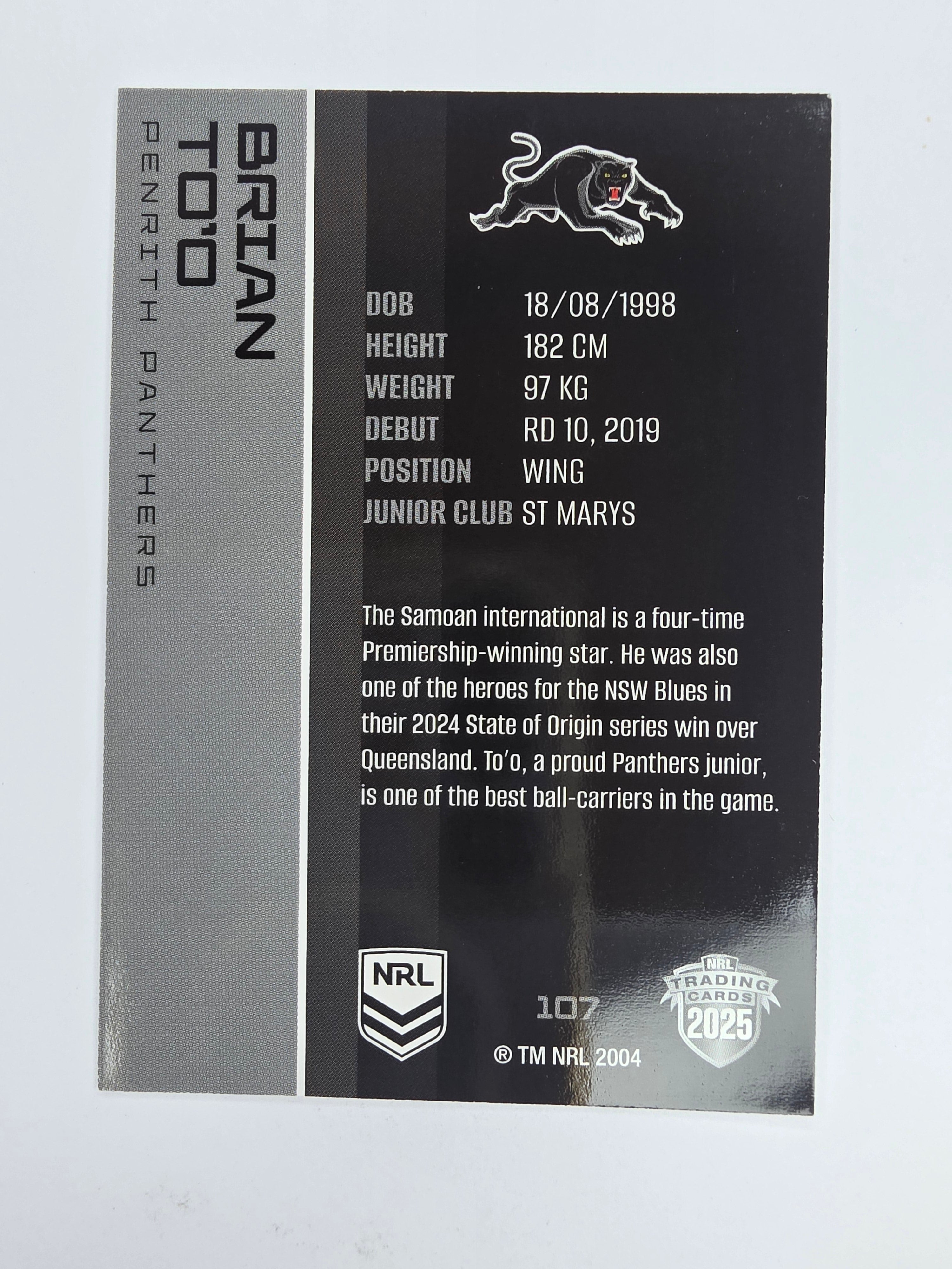 NRL 2025 Traders Base Card #107 Brian To’o Penrith Panthers