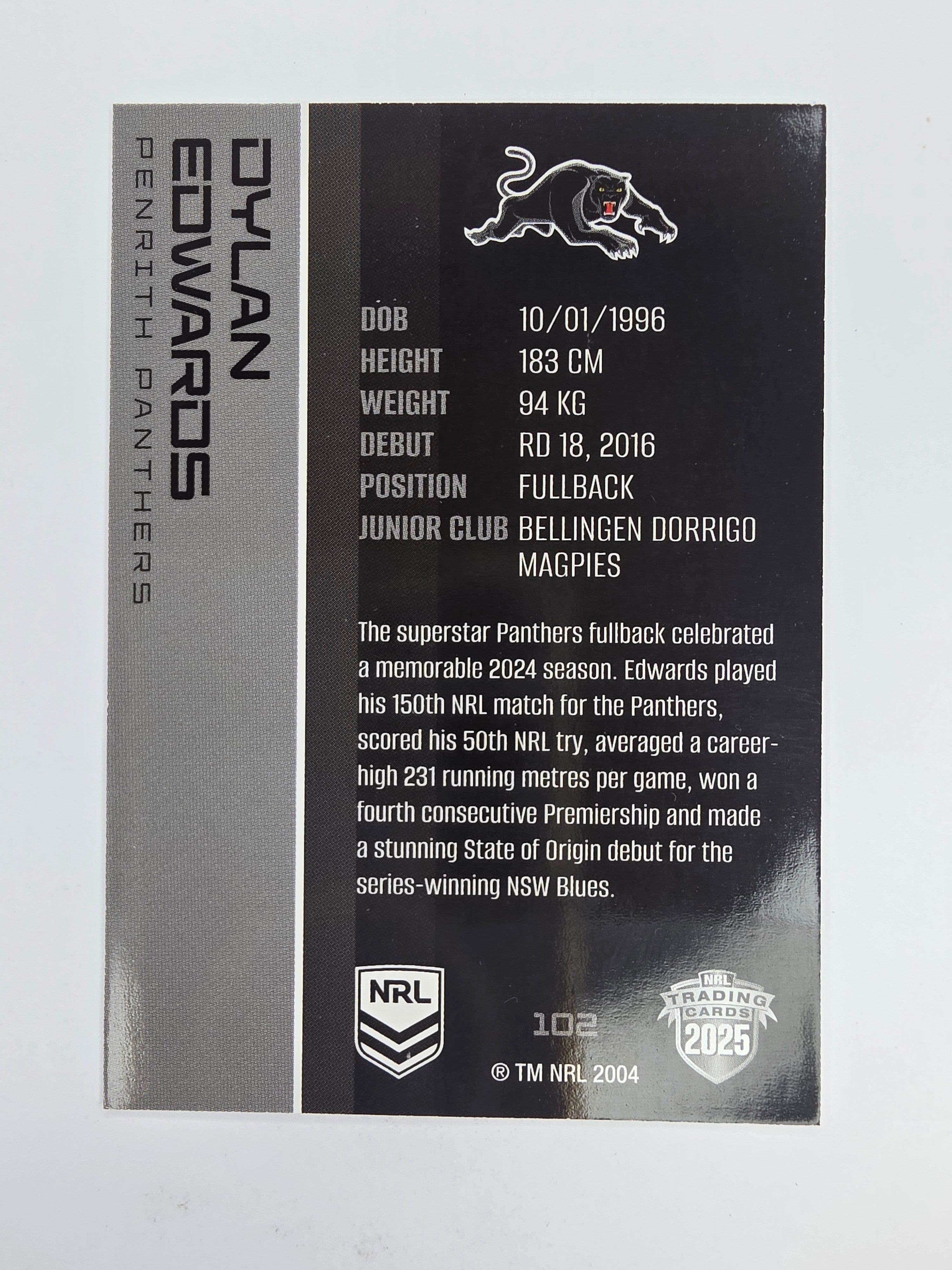 NRL 2025 Traders Base Card #102 Dylan Edwards Penrith Panthers