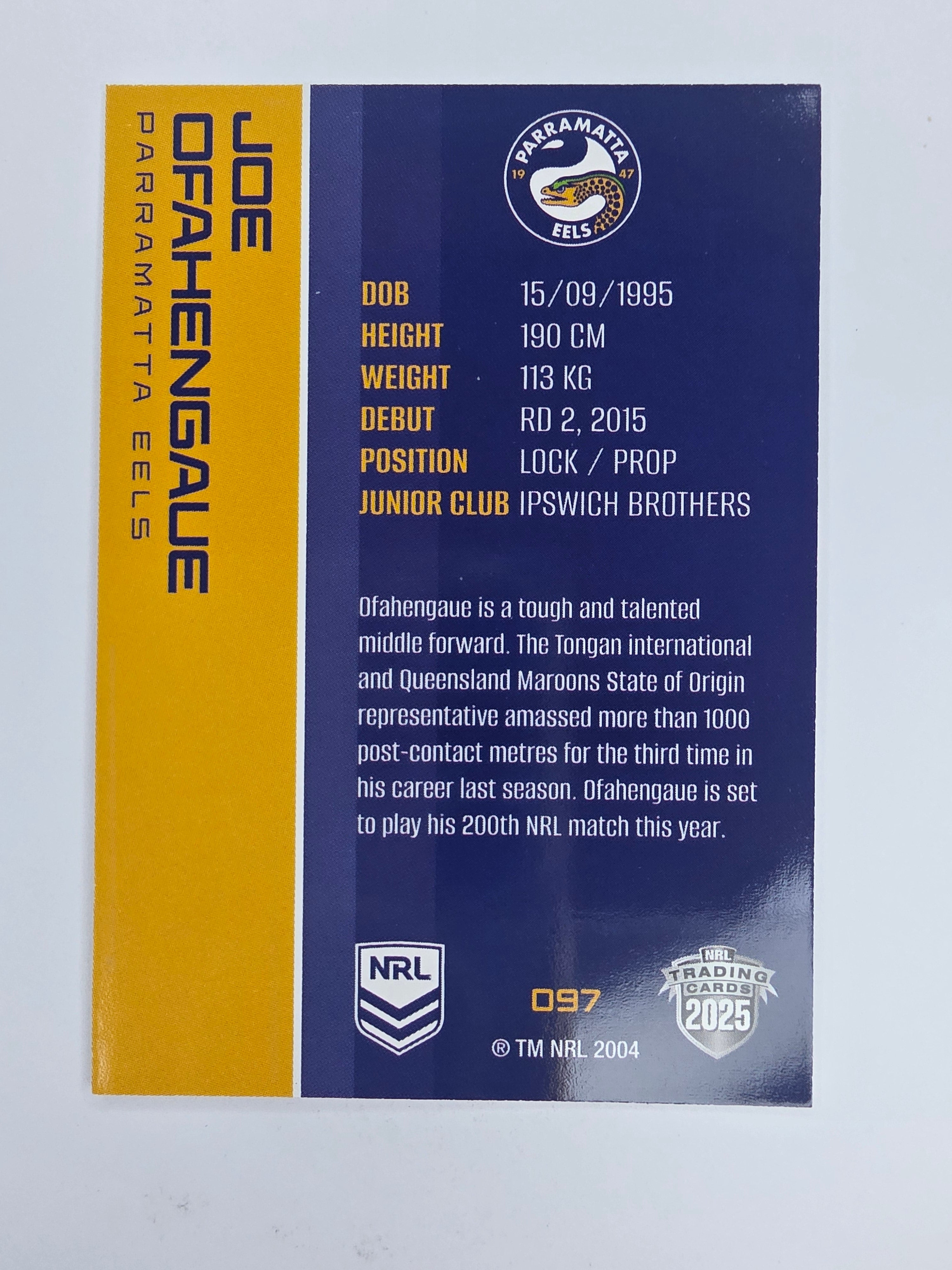 NRL 2025 Traders Base Card #097 Joe Ofahengaue Parramatta Eels