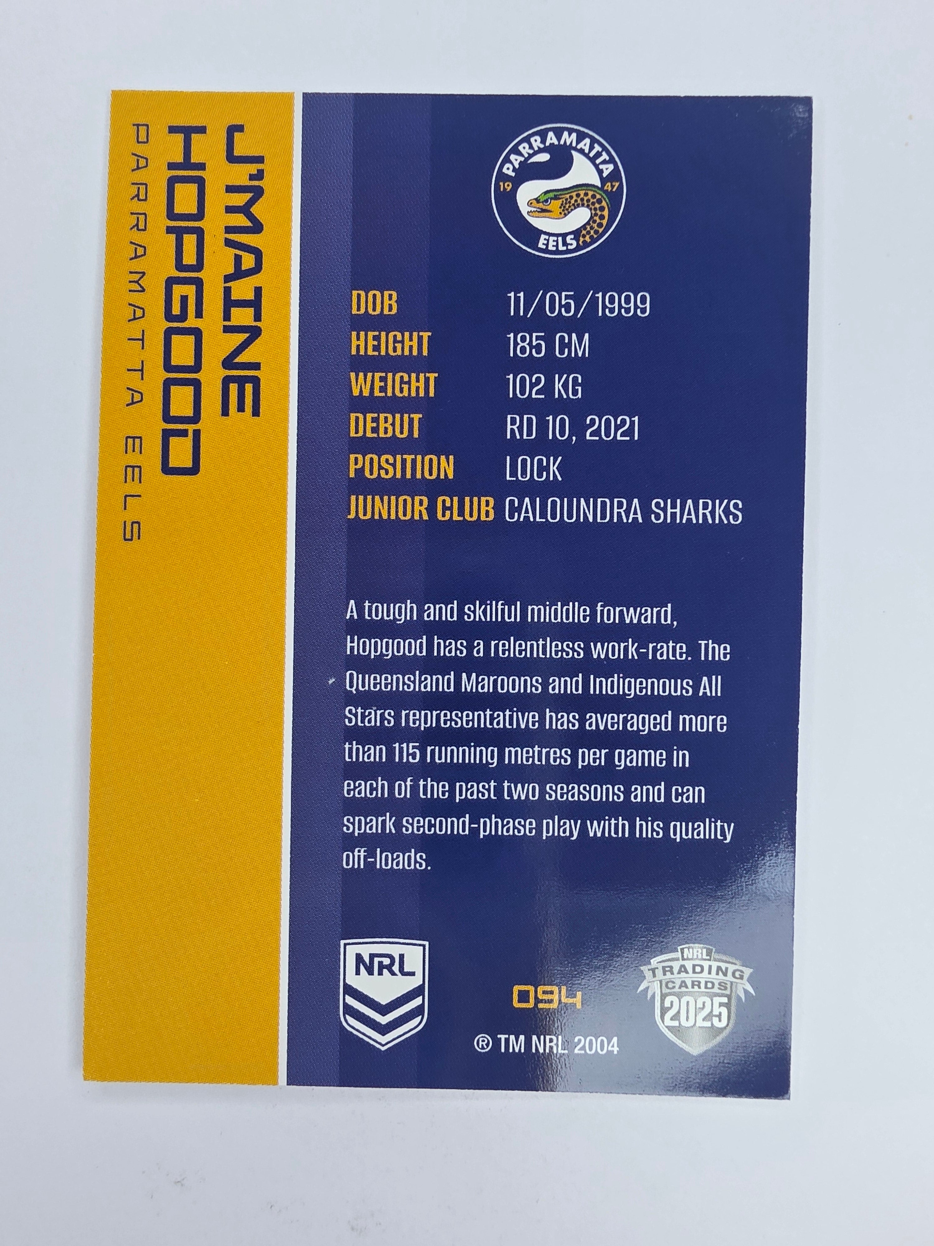 NRL 2025 Traders Base Card #094 J’maine Hopgood Parramatta Eels