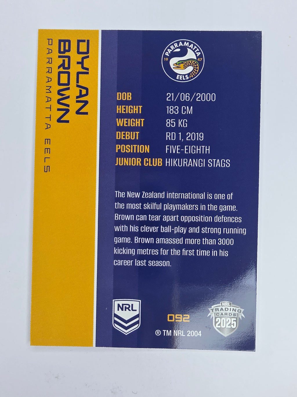 NRL 2025 Traders Base Card #092 Dylan Brown Parramatta Eels