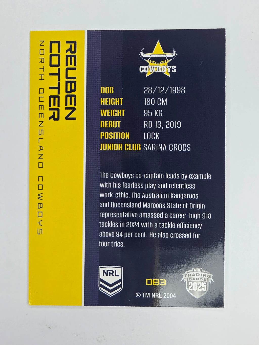 NRL 2025 Traders Base Card #083 Reuben Cotter North Queensland Cowboys