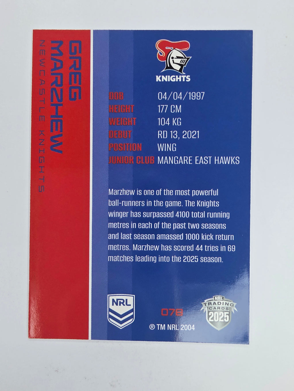 NRL 2025 Traders Base Card #078 Greg Marzhew Newcastle Knights