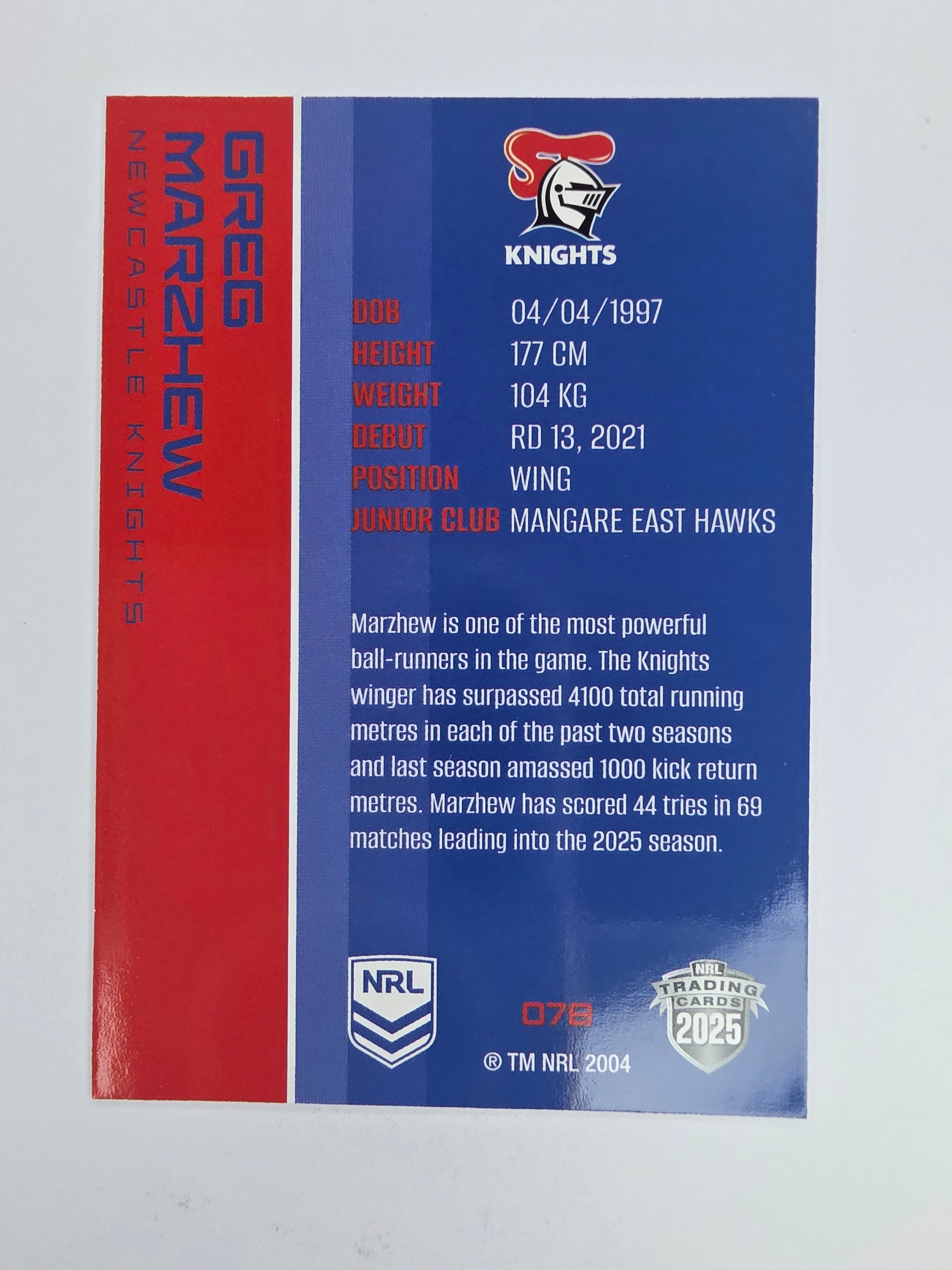 NRL 2025 Traders Base Card #078 Greg Marzhew Newcastle Knights