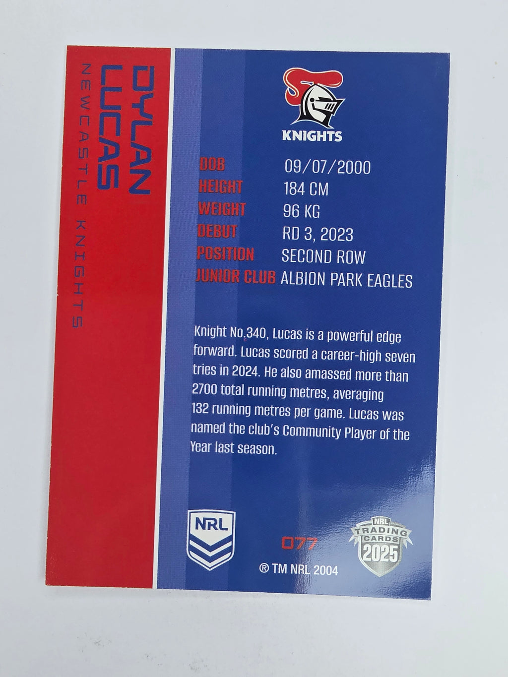 NRL 2025 Traders Base Card #077 Dylan Lucas Newcastle Knights