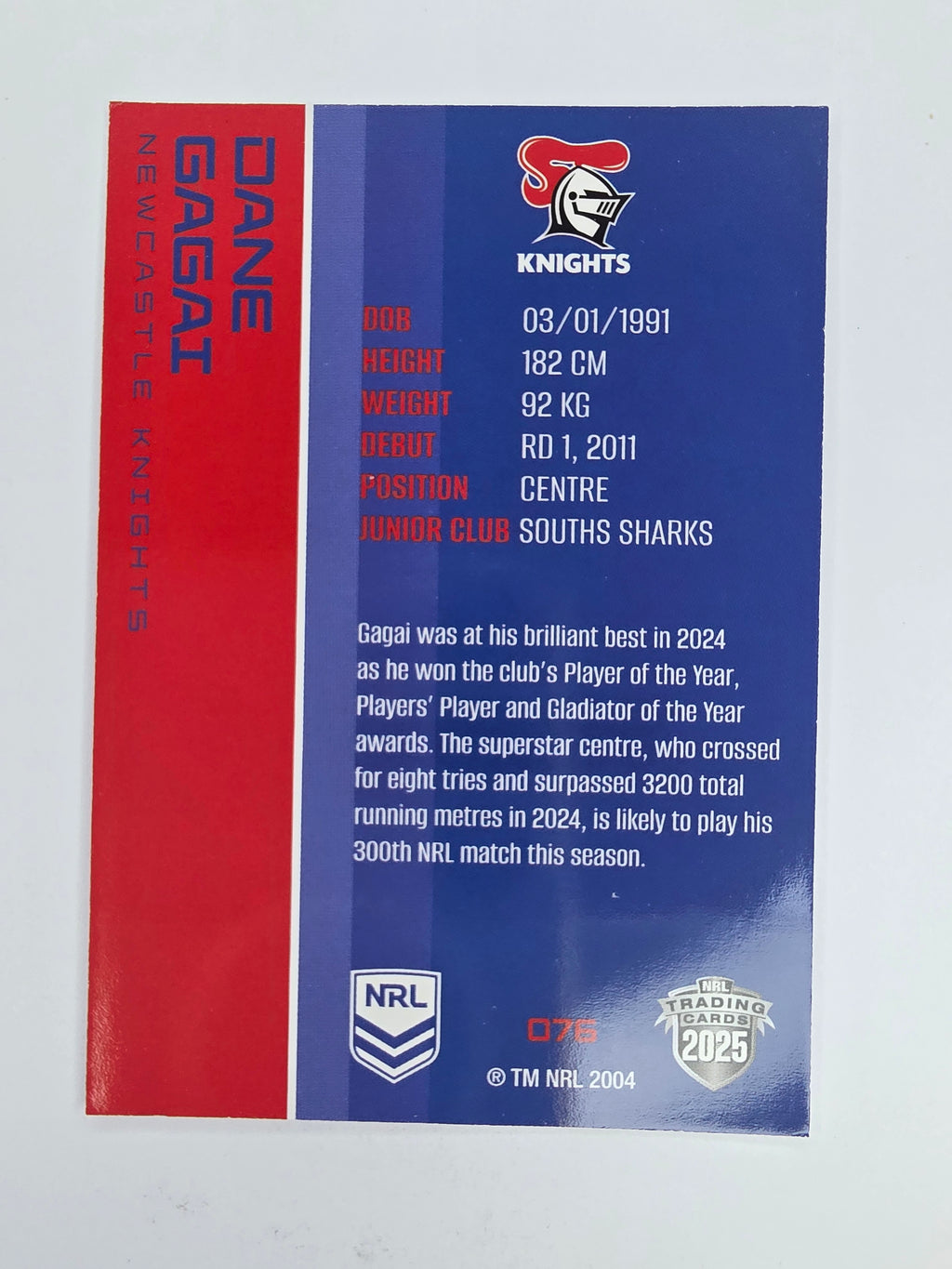 NRL 2025 Traders Base Card #076 Dane Gagai Newcastle Knights
