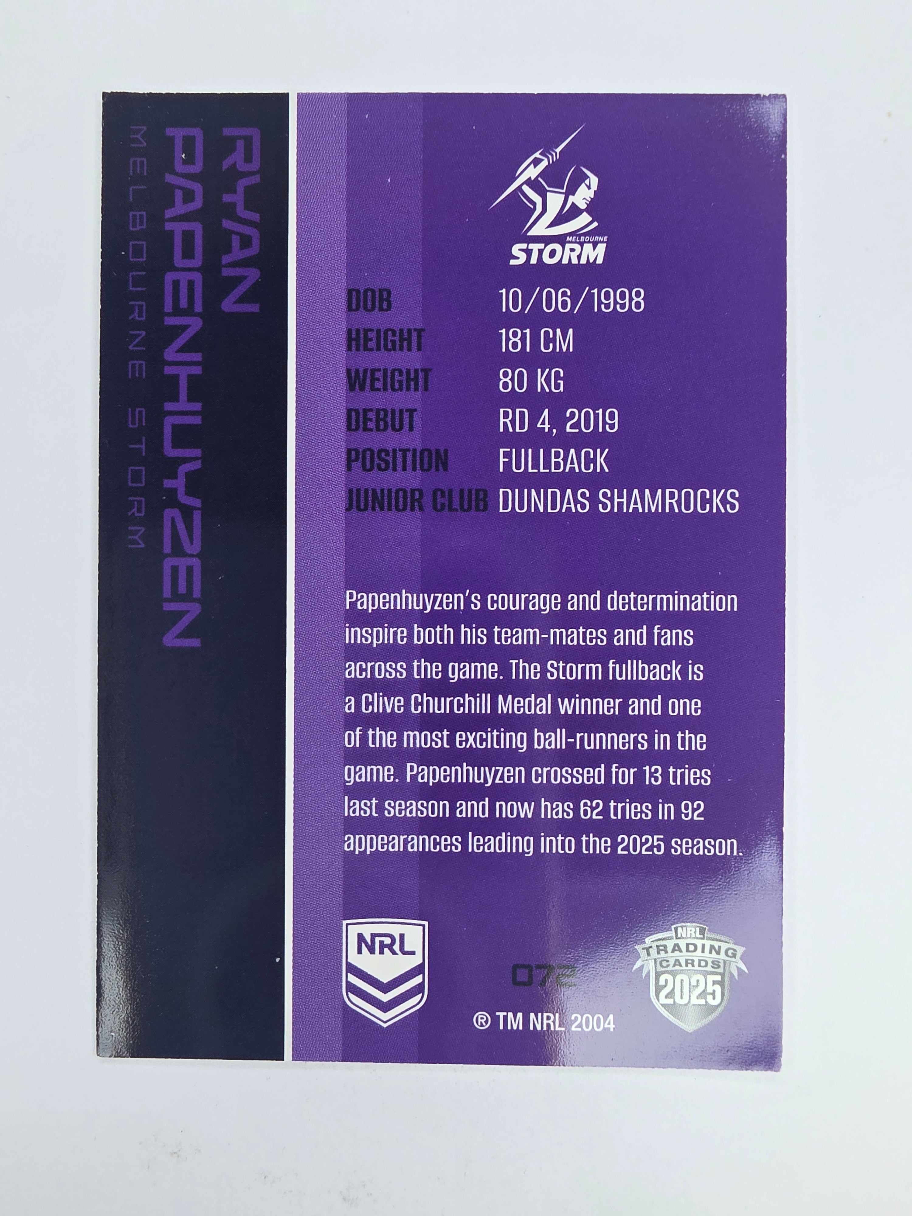 NRL 2025 Traders Base Card #072 Ryan Papenhuyzen Melbourne Storm