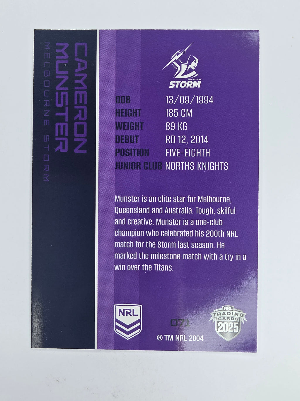 NRL 2025 Traders Base Card #071 Cameron Munster Melbourne Storm