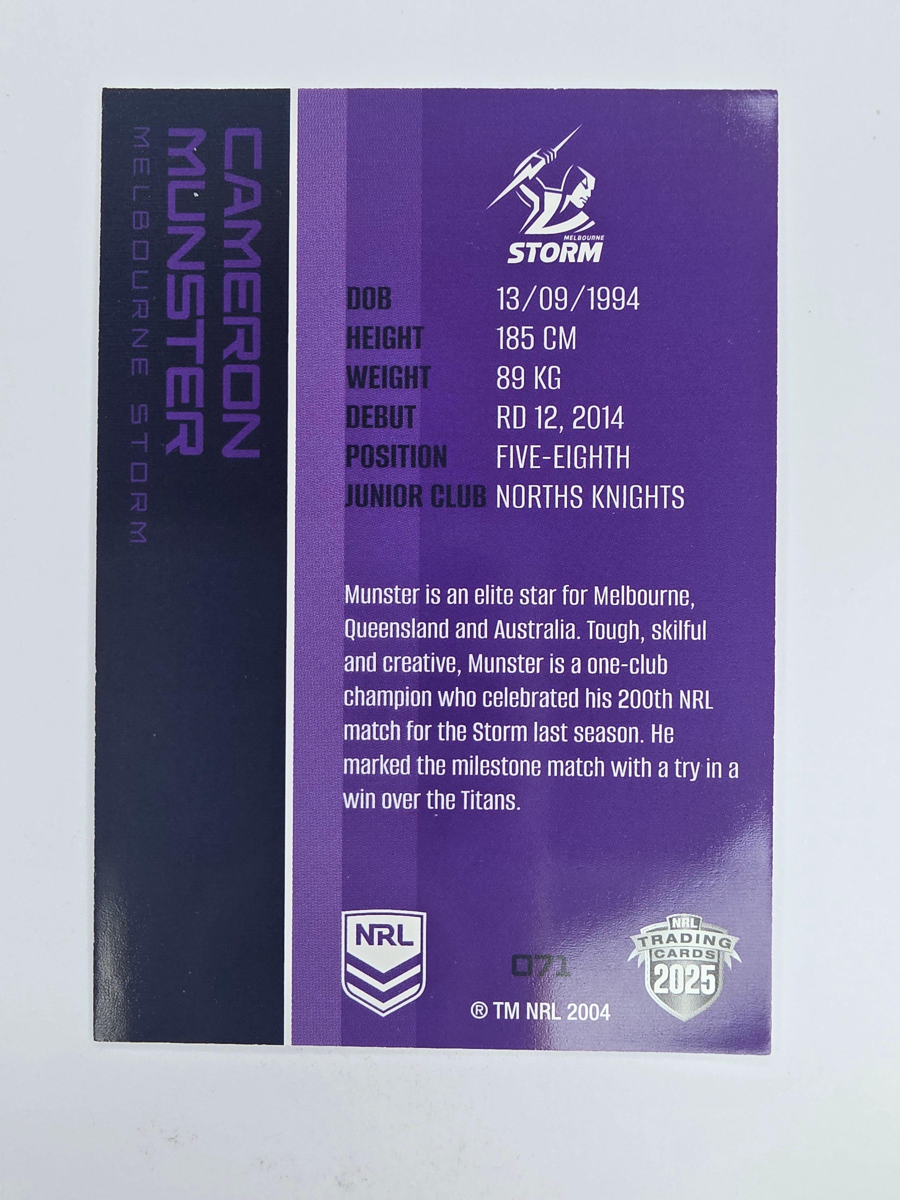 NRL 2025 Traders Base Card #071 Cameron Munster Melbourne Storm