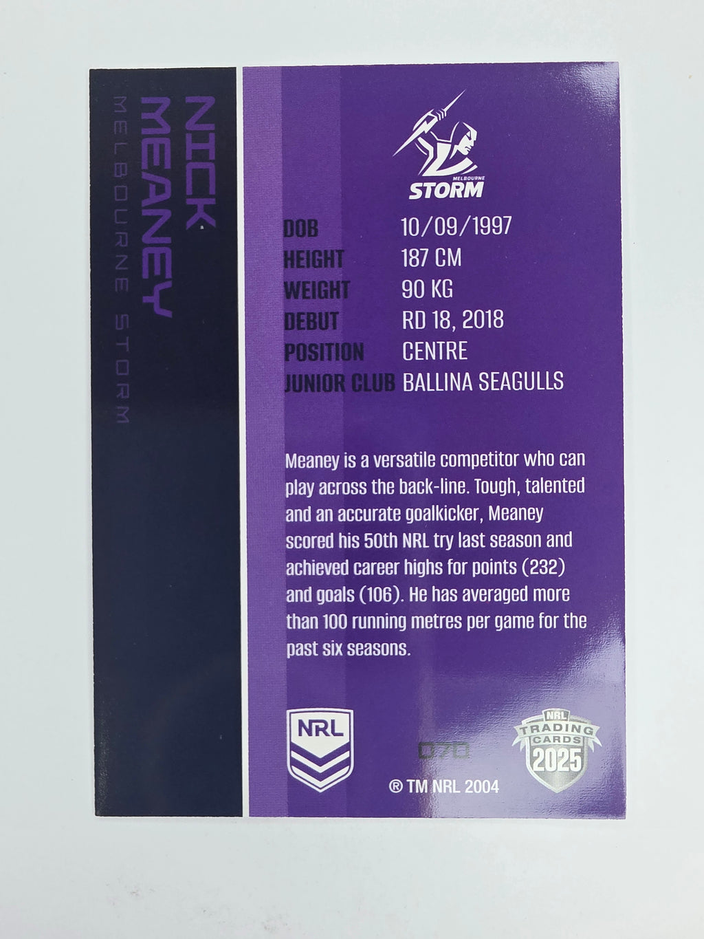 NRL 2025 Traders Base Card #070 Nick Meaney Melbourne Storm