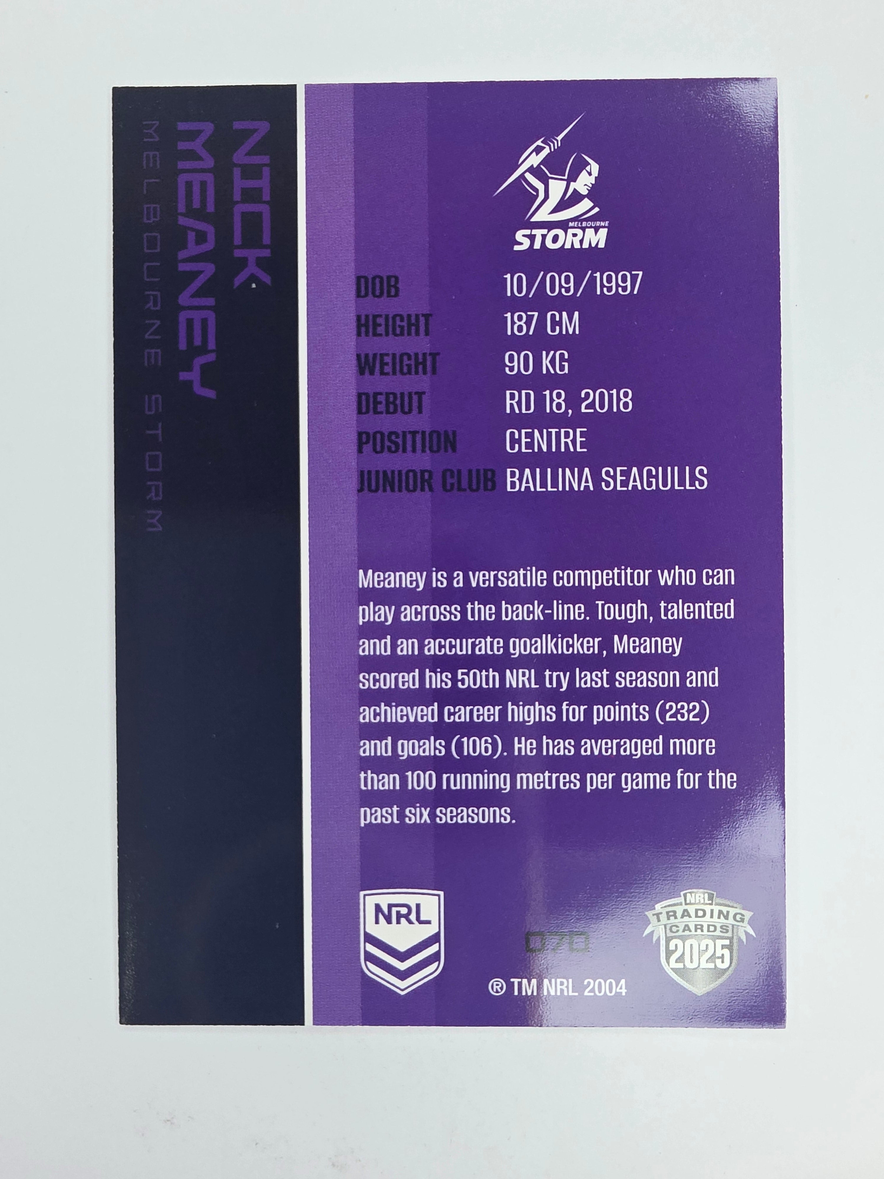 NRL 2025 Traders Base Card #070 Nick Meaney Melbourne Storm