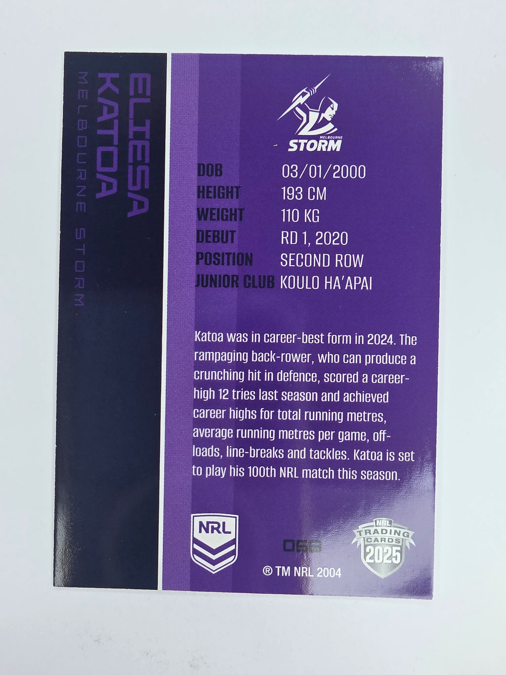NRL 2025 Traders Base Card #068 Eliesa Katoa Melbourne Storm