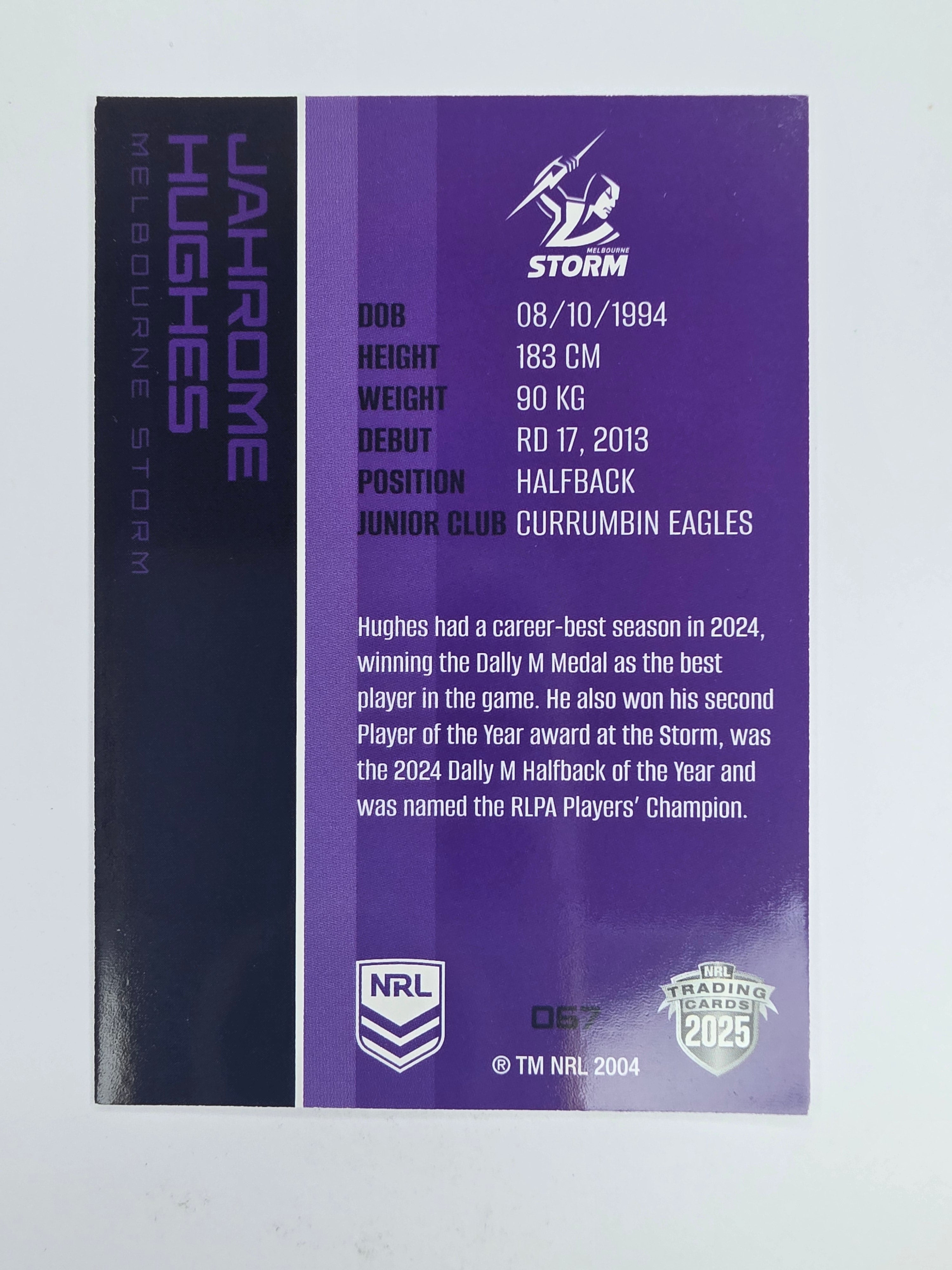 NRL 2025 Traders Base Card #067 Jahrome Hughes Melbourne Storm