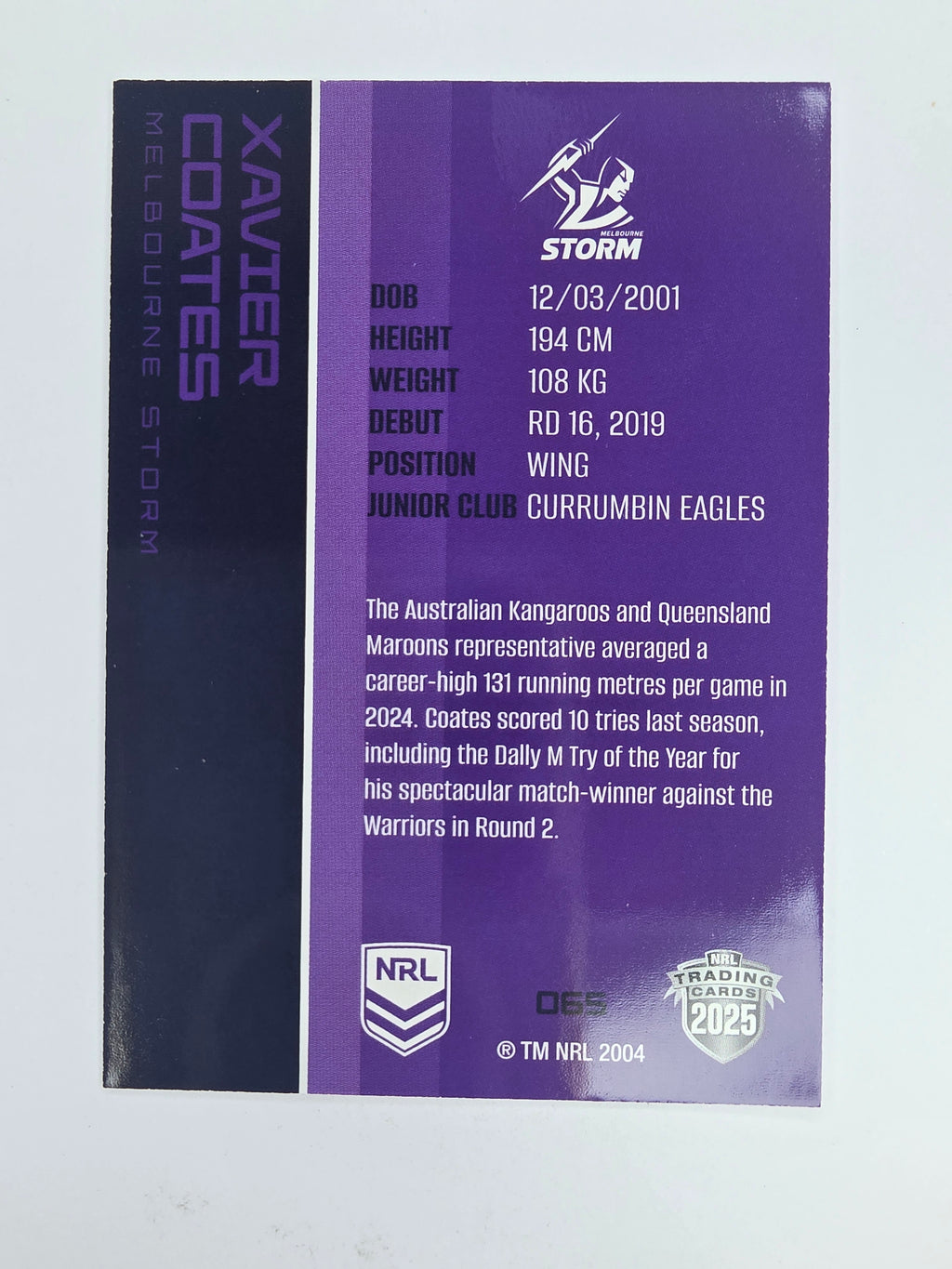 NRL 2025 Traders Base Card #065 Xavier Coates Melbourne Storm