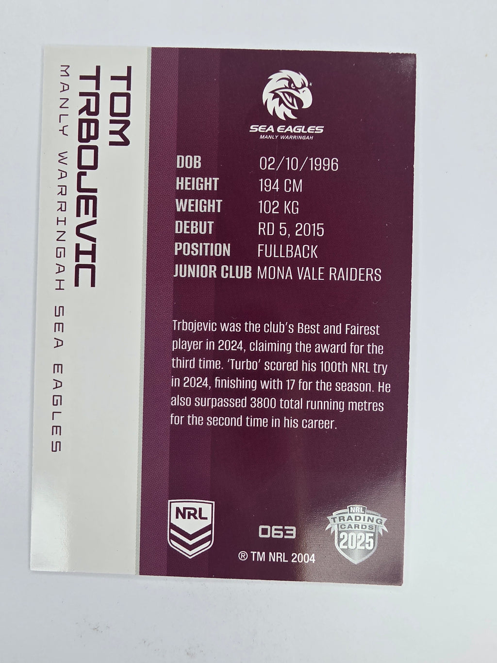 NRL 2025 Traders Base Card #063 Tom Trbojevic Manly Warringah Sea Eagles