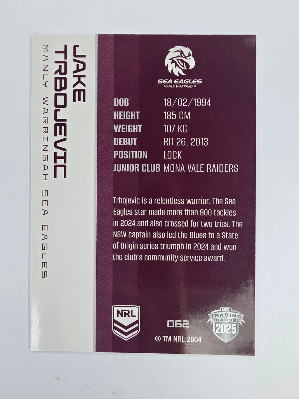 NRL 2025 Traders Base Card #062 Jake Trbojevic Manly Warringah Sea Eagles