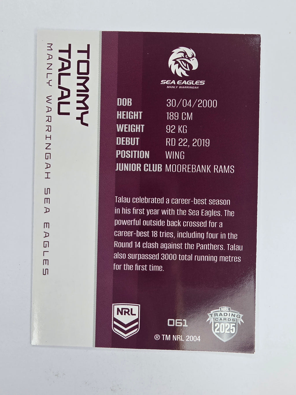 NRL 2025 Traders Base Card #061 Tommy Talau Manly Warringah Sea Eagles