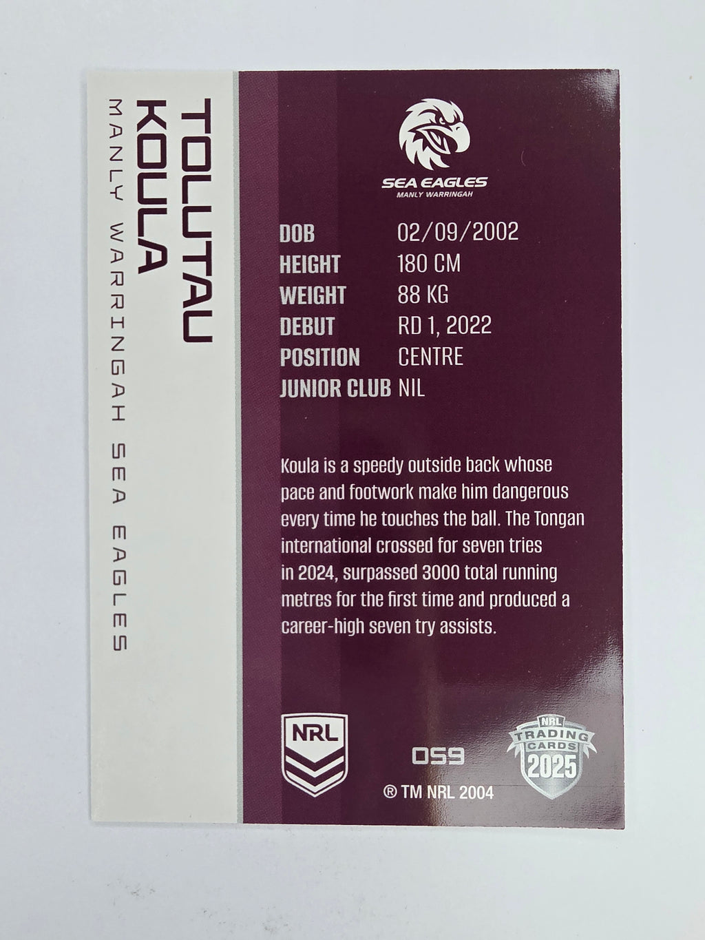NRL 2025 Traders Base Card #059 Tolutau Koula Manly Warringah Sea Eagles