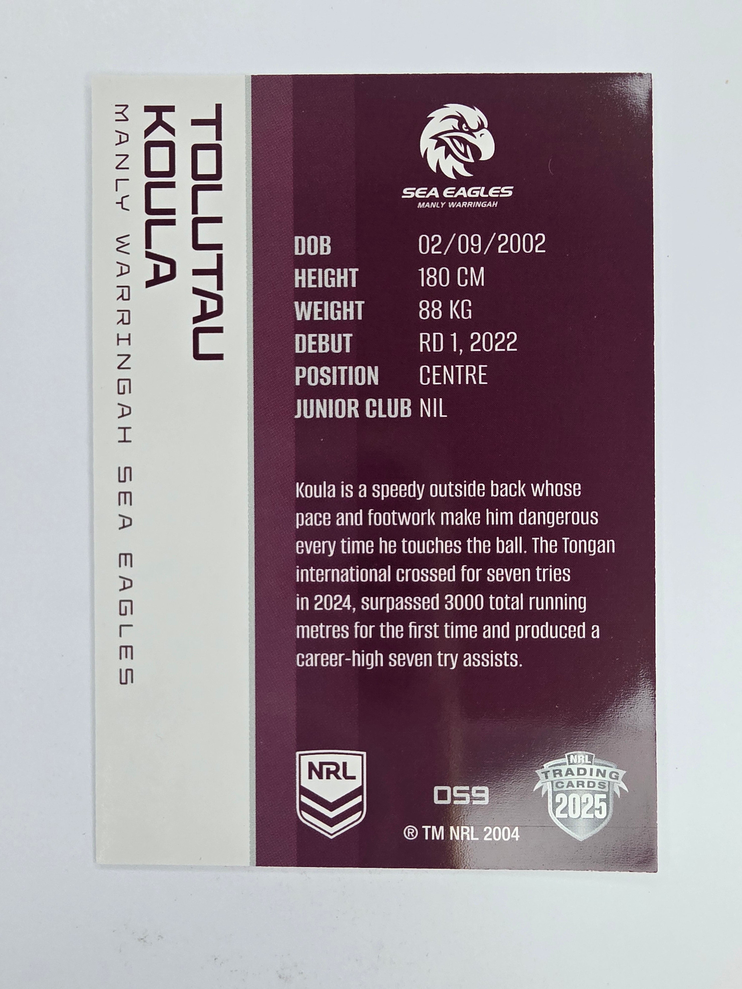 NRL 2025 Traders Base Card #059 Tolutau Koula Manly Warringah Sea Eagles