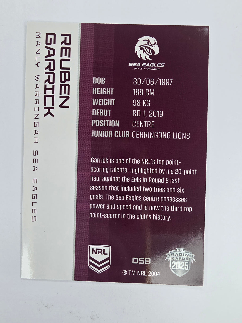 NRL 2025 Traders Base Card #058 Reuben Garrick Manly Warringah Sea Eagles