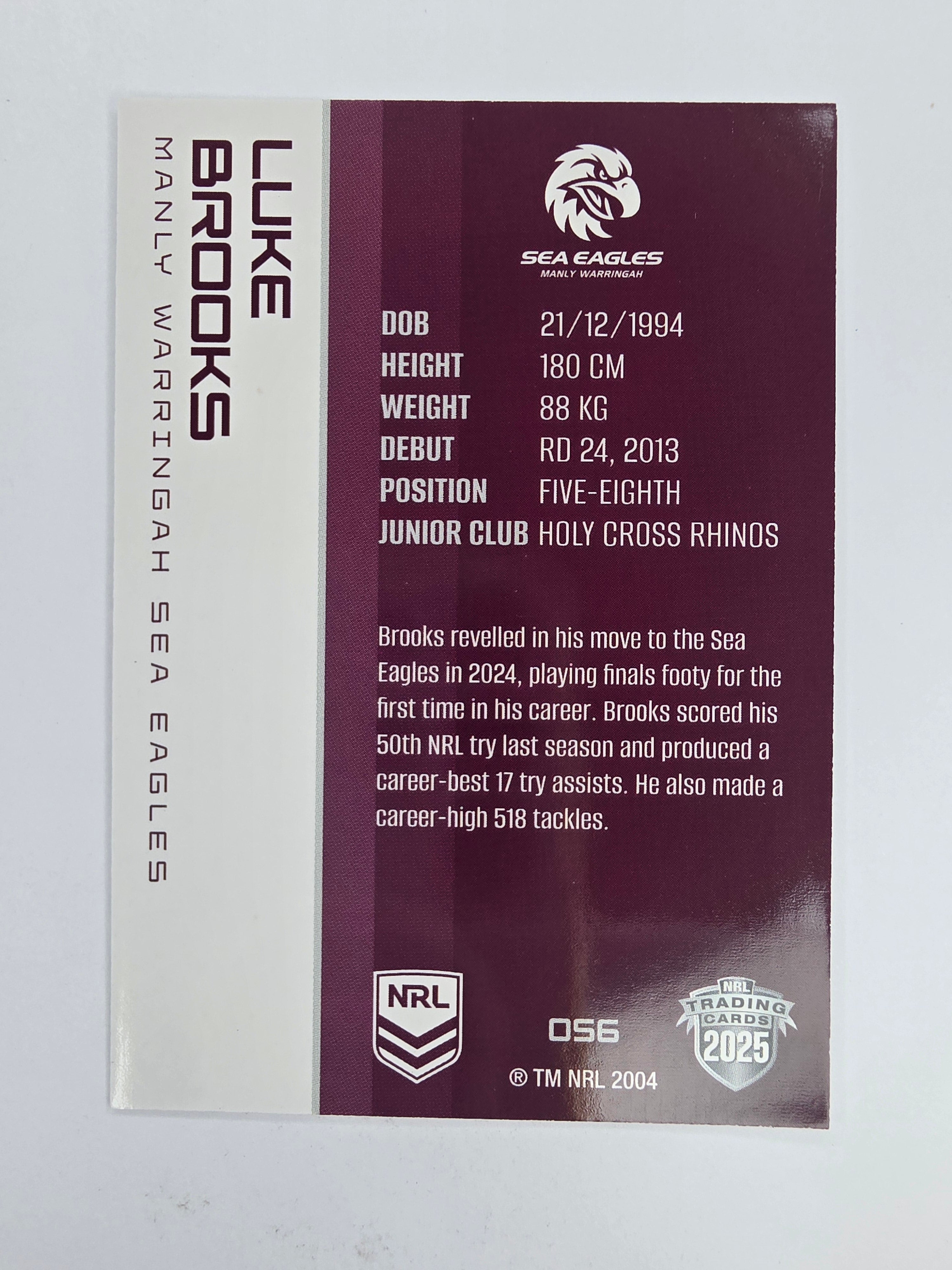 NRL 2025 Traders Base Card #056 Luke Brooks Manly Warringah Sea Eagles