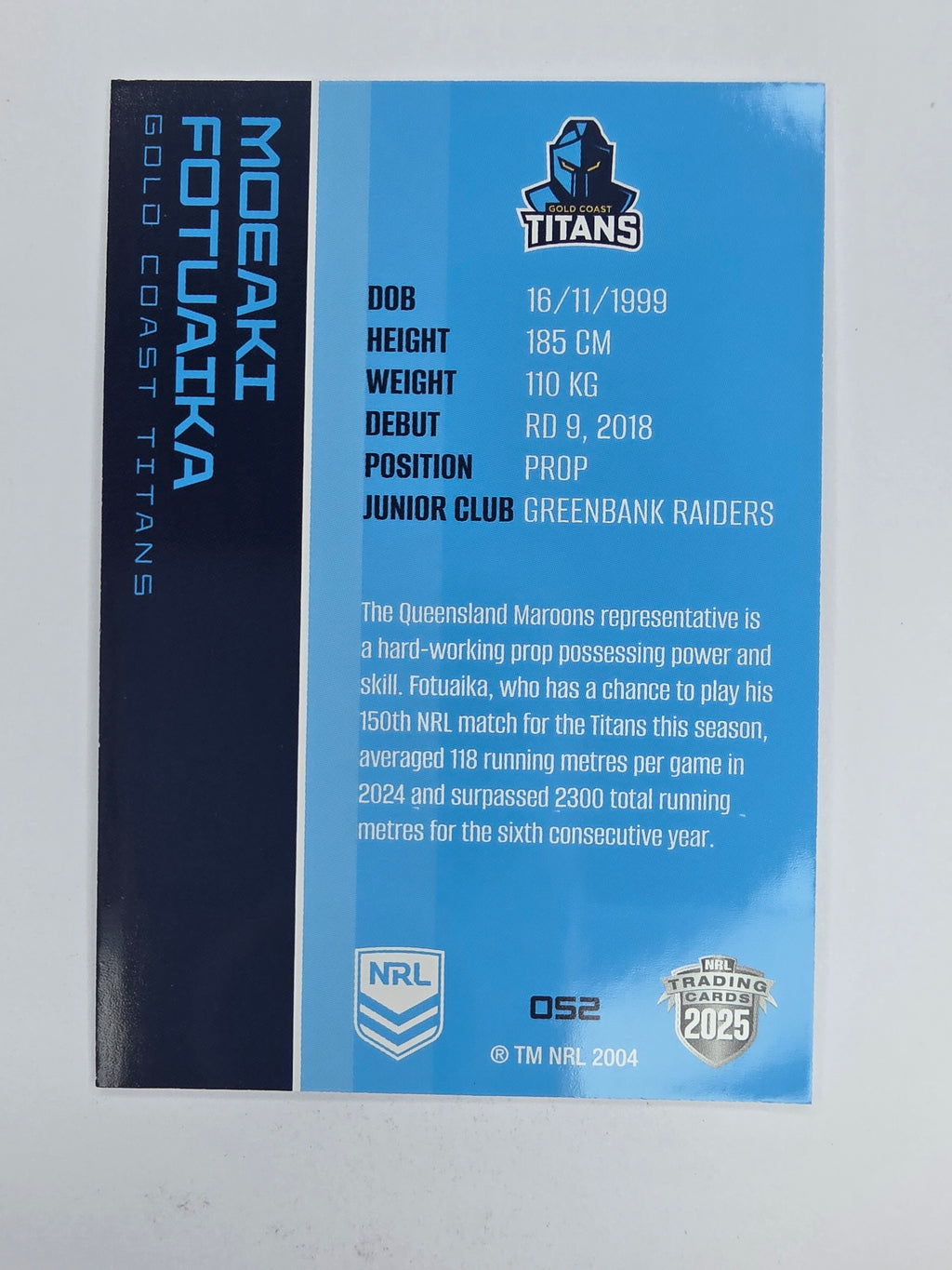 NRL 2025 Traders Base Card #052 Moeaki Fotuaika Gold Coast Titans