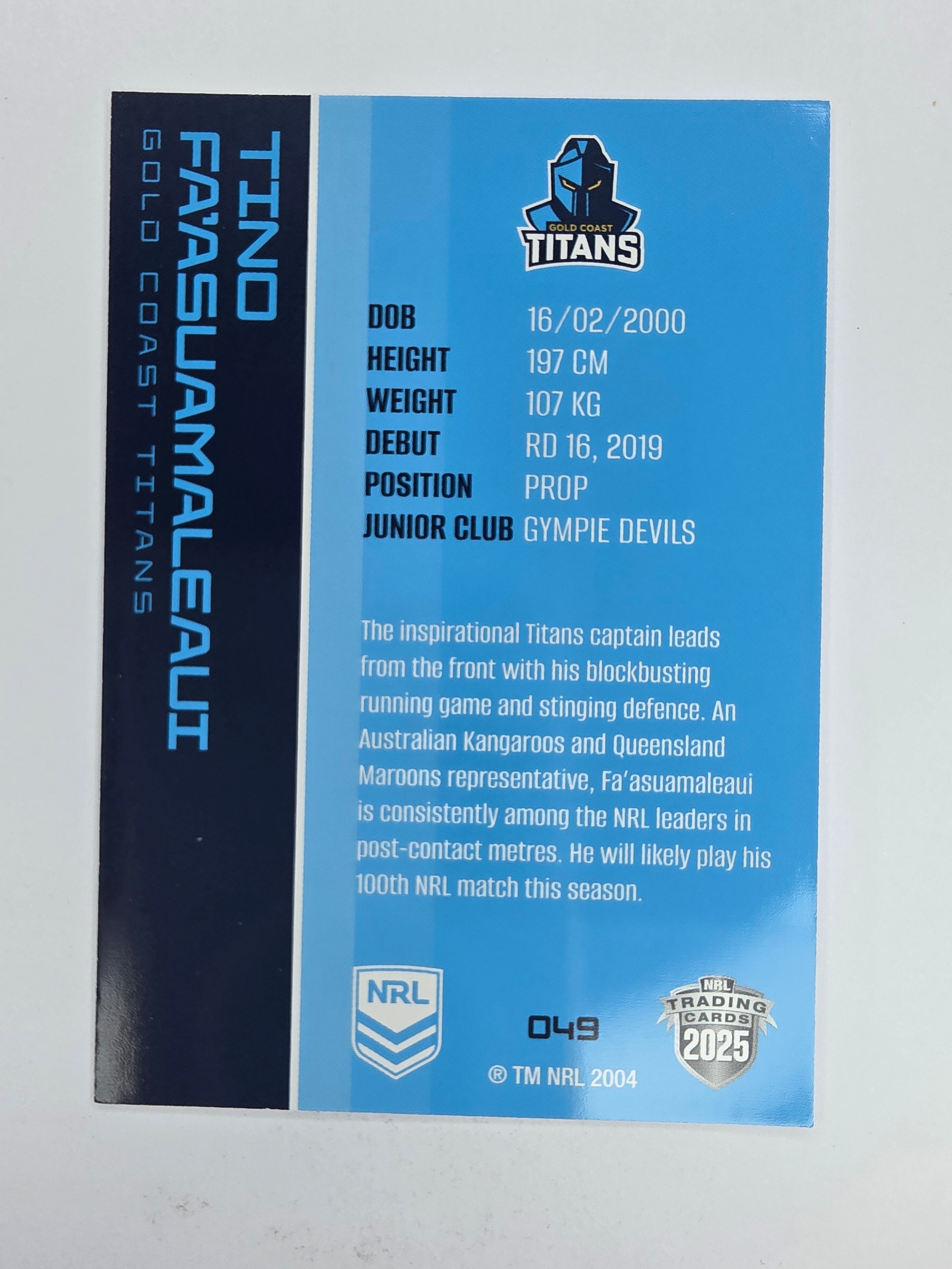 NRL 2025 Traders Base Card #049 Tino Fa’asuamaleaui Gold Coast Titans