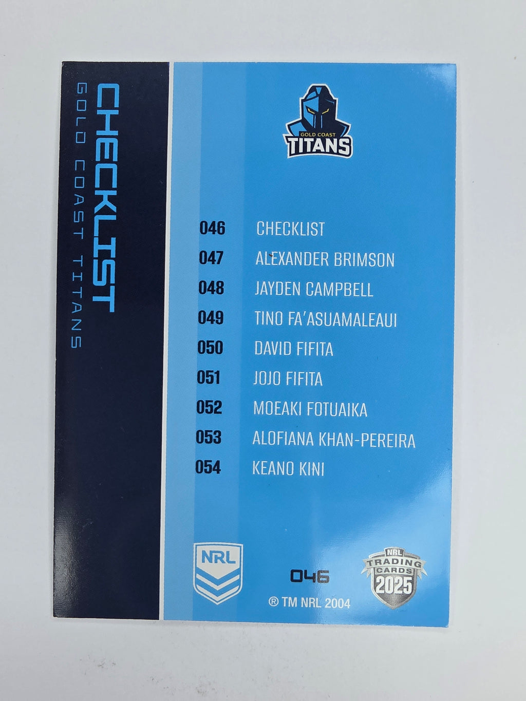 NRL 2025 Traders Base Card #046 Titans Checklist Gold Coast Titans