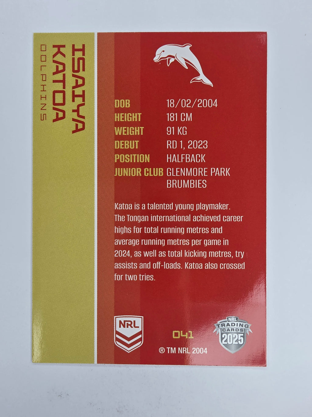 NRL 2025 Traders Base Card #041 Isaiya Katoa Redcliffe Dolphins