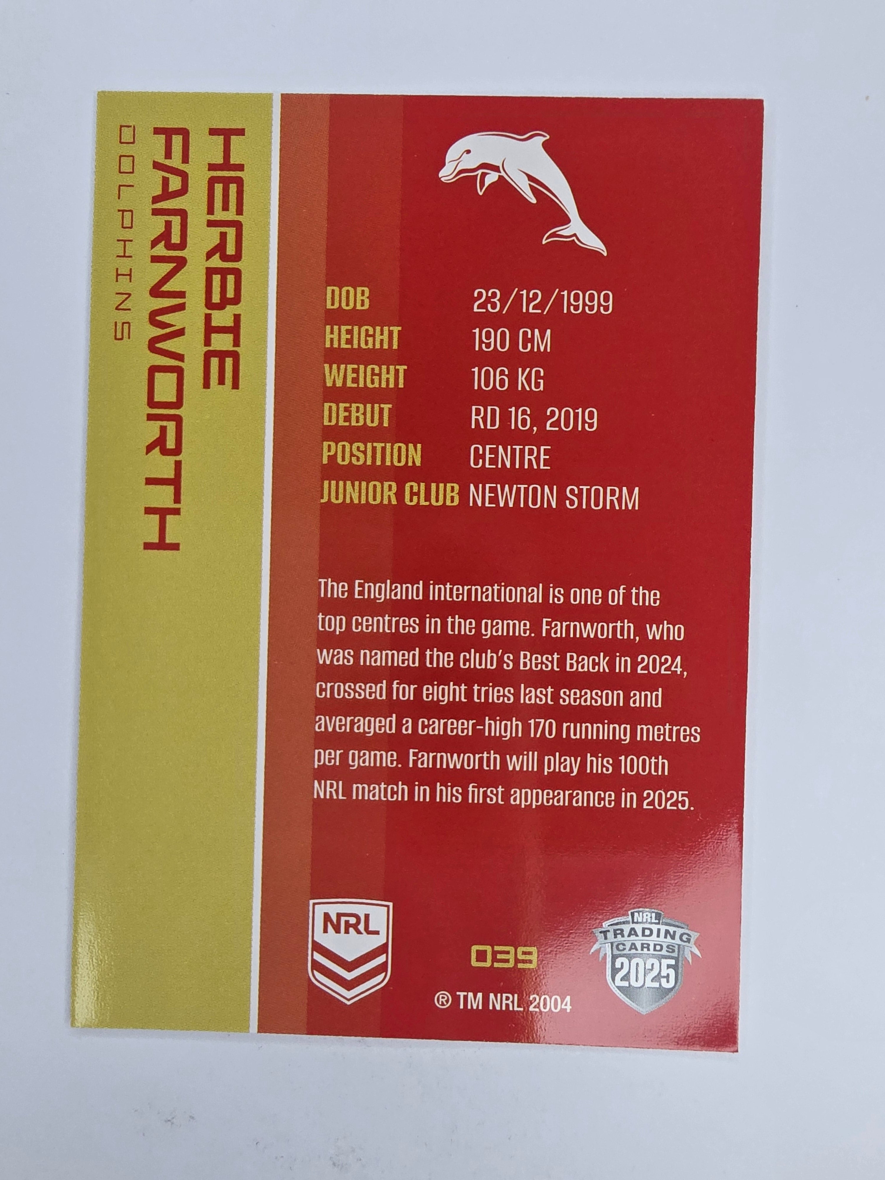 NRL 2025 Traders Base Card #039 Herbie Farnworth Redcliffe Dolphins