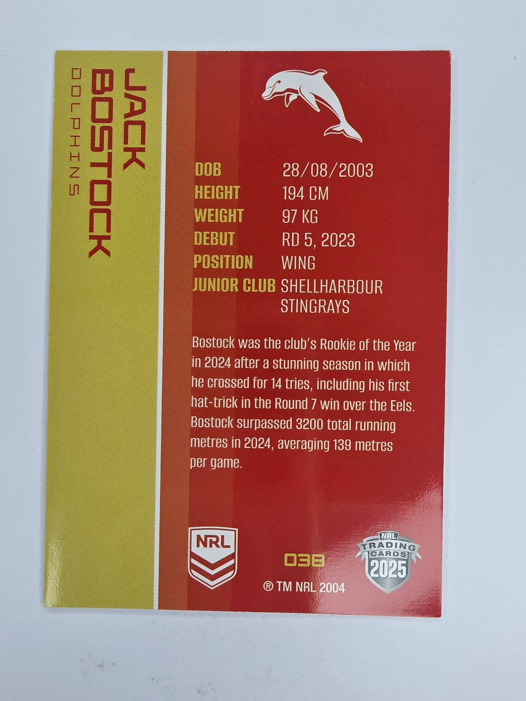 NRL 2025 Traders Base Card #038 Jack Bostock Redcliffe Dolphins