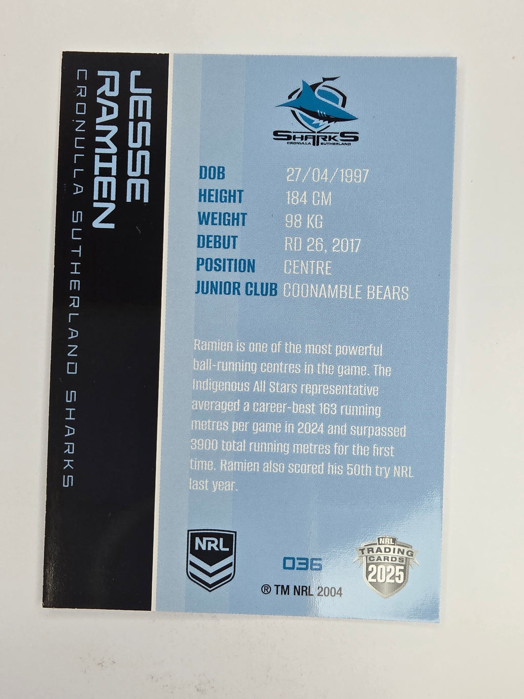 NRL 2025 Traders Base Card #036 Jesse Ramien Cronulla Sutherland Sharks
