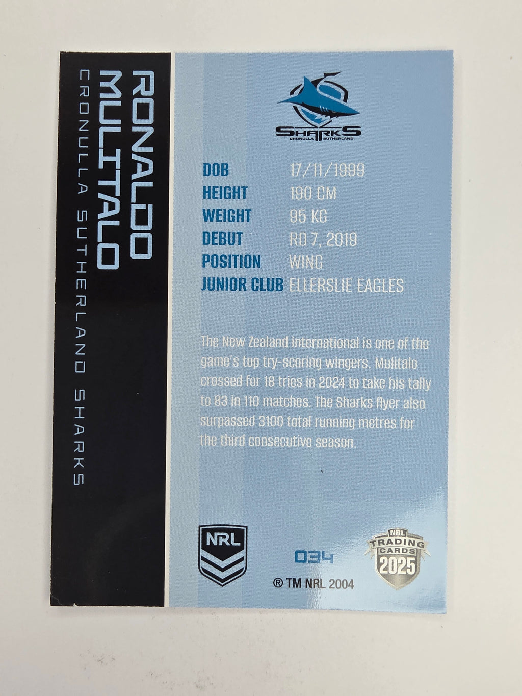 NRL 2025 Traders Base Card #034 Ronaldo Mulitalo Cronulla Sutherland Sharks
