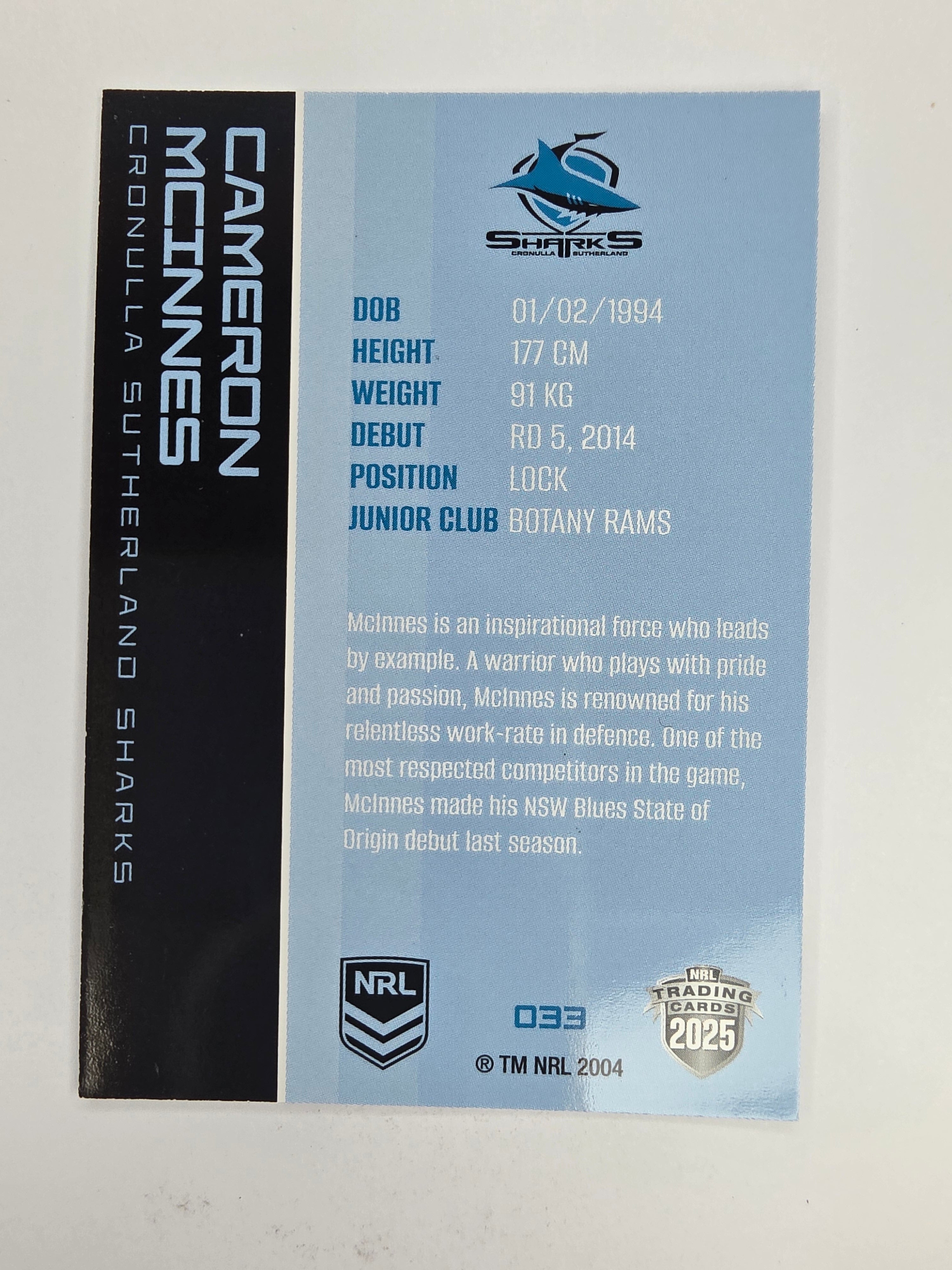NRL 2025 Traders Base Card #033 Cameron McInnes Cronulla Sutherland Sharks